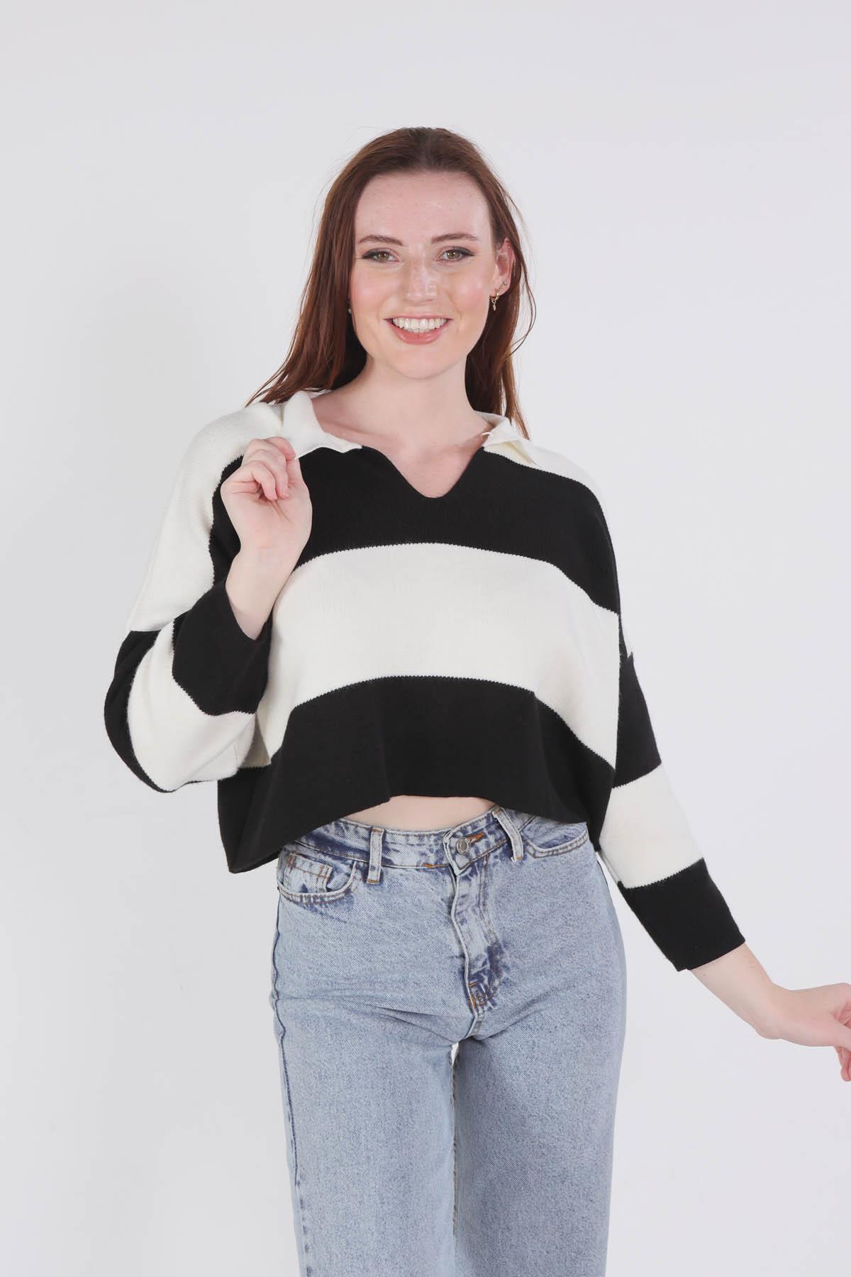 6014 Çizgili Polo Yaka Kazak Siyah - 2