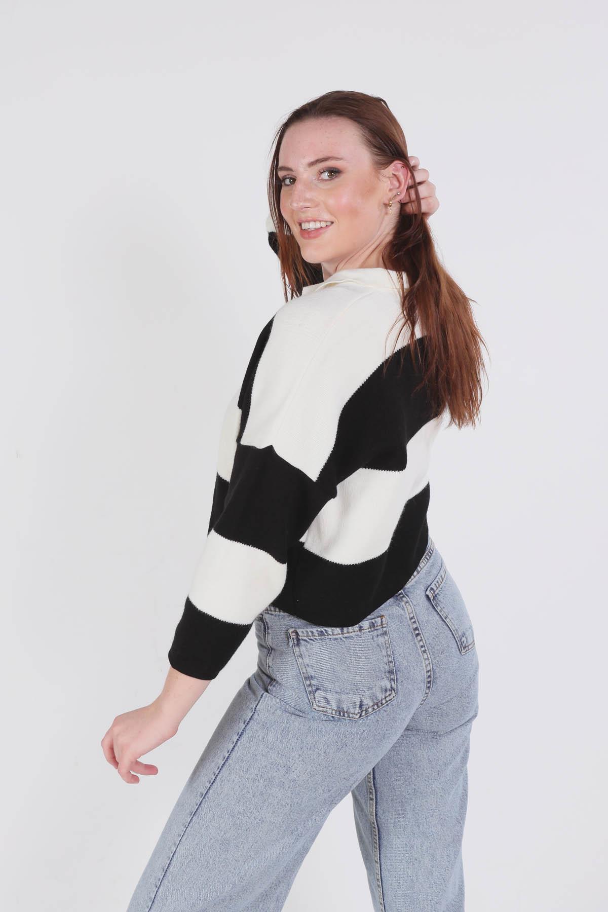 Siyah Çizgili Polo Yaka Kazak 6014 - 3