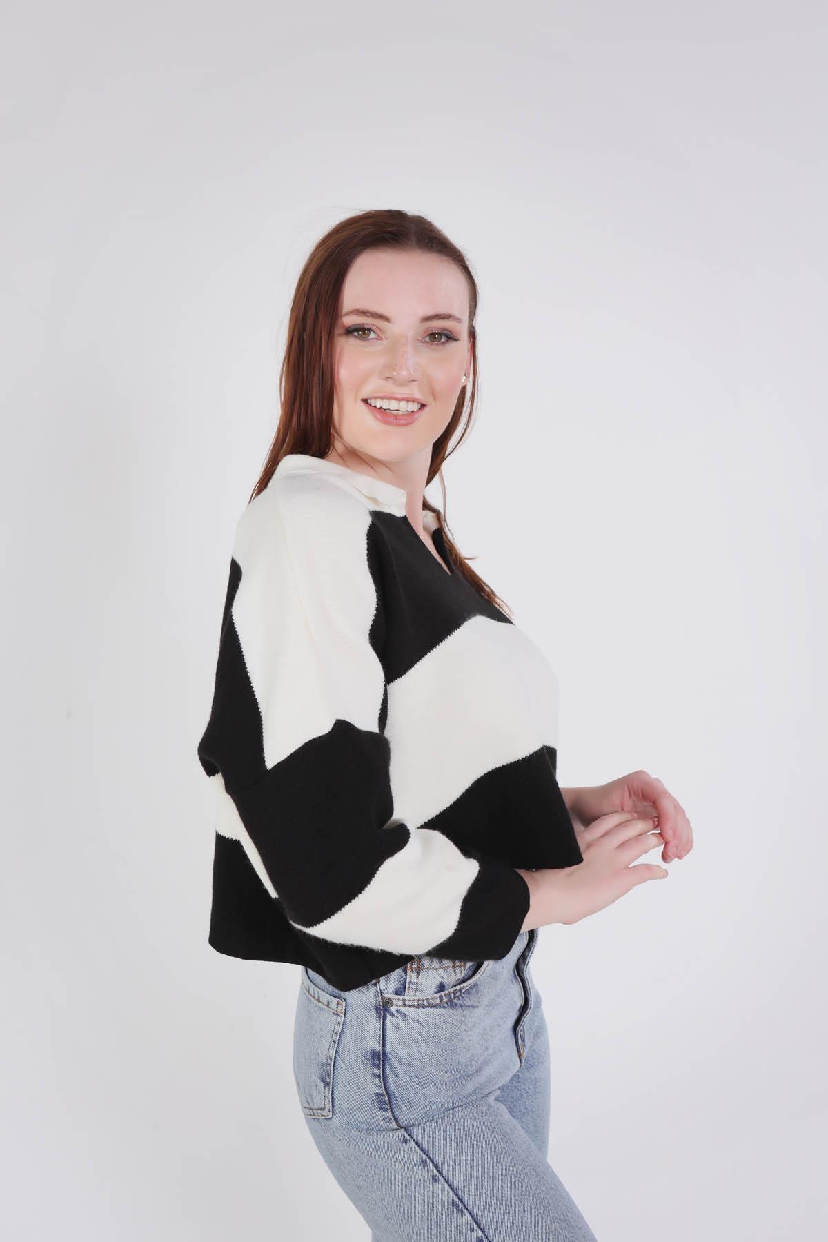 Siyah Çizgili Polo Yaka Kazak 6014 - 4