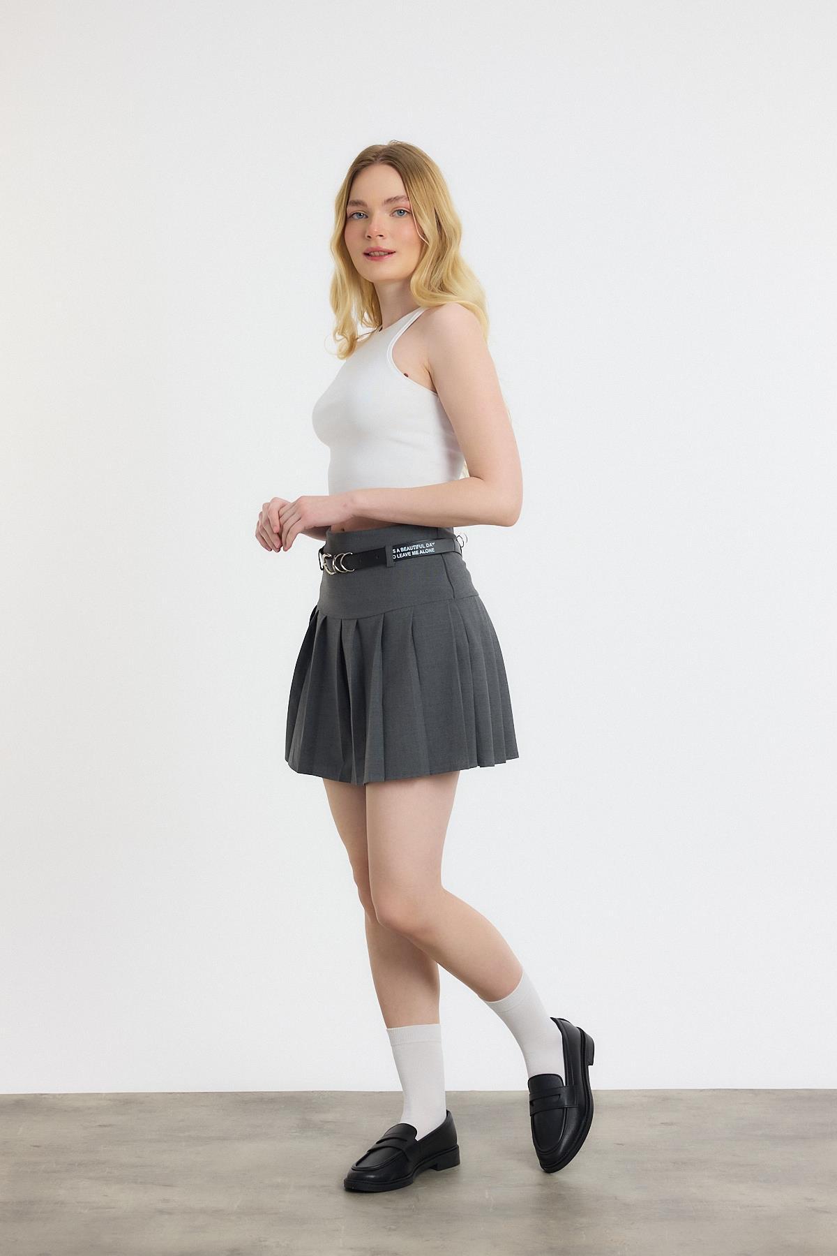 Gri Yazı Kemerli Şortlu Etek 6024 - 8