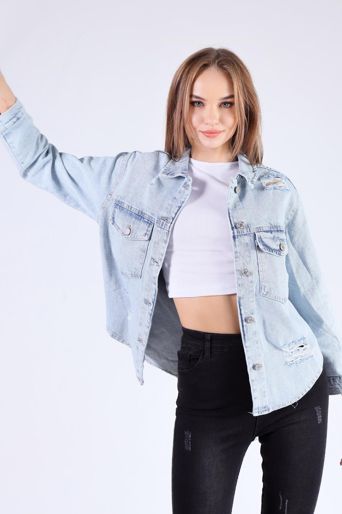 7083 Cep Kapak Tırnaklı Jean Ceket Kar Yıkama - 3