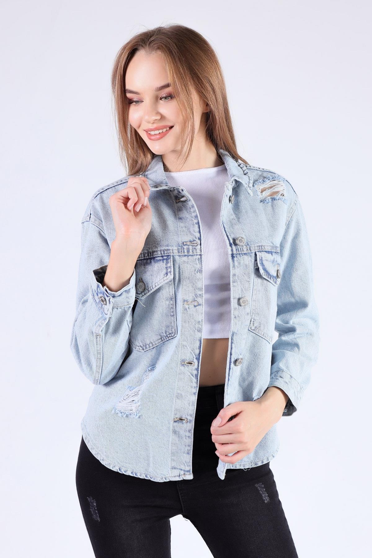 Kar Yıkama Cep Kapak Tırnaklı Jean Ceket 7083 - 1