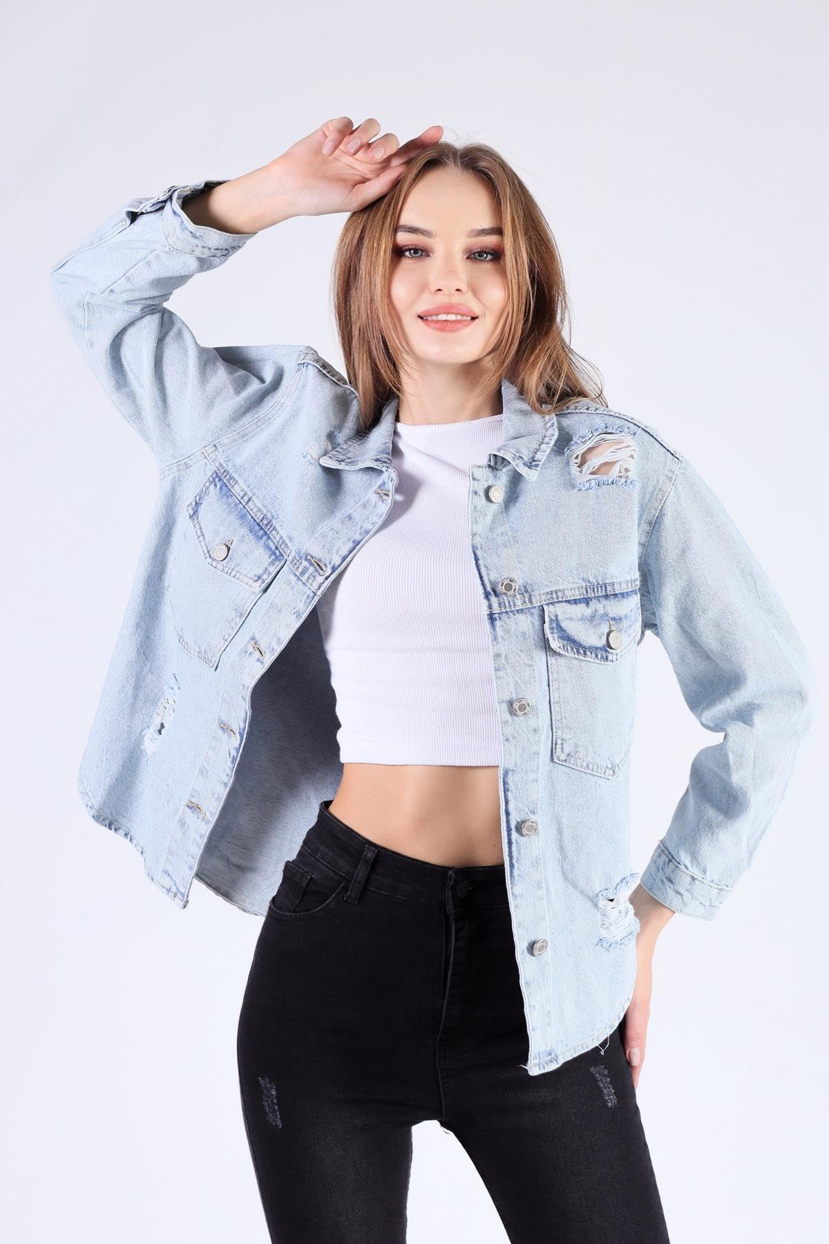 Kar Yıkama Cep Kapak Tırnaklı Jean Ceket 7083 - 2