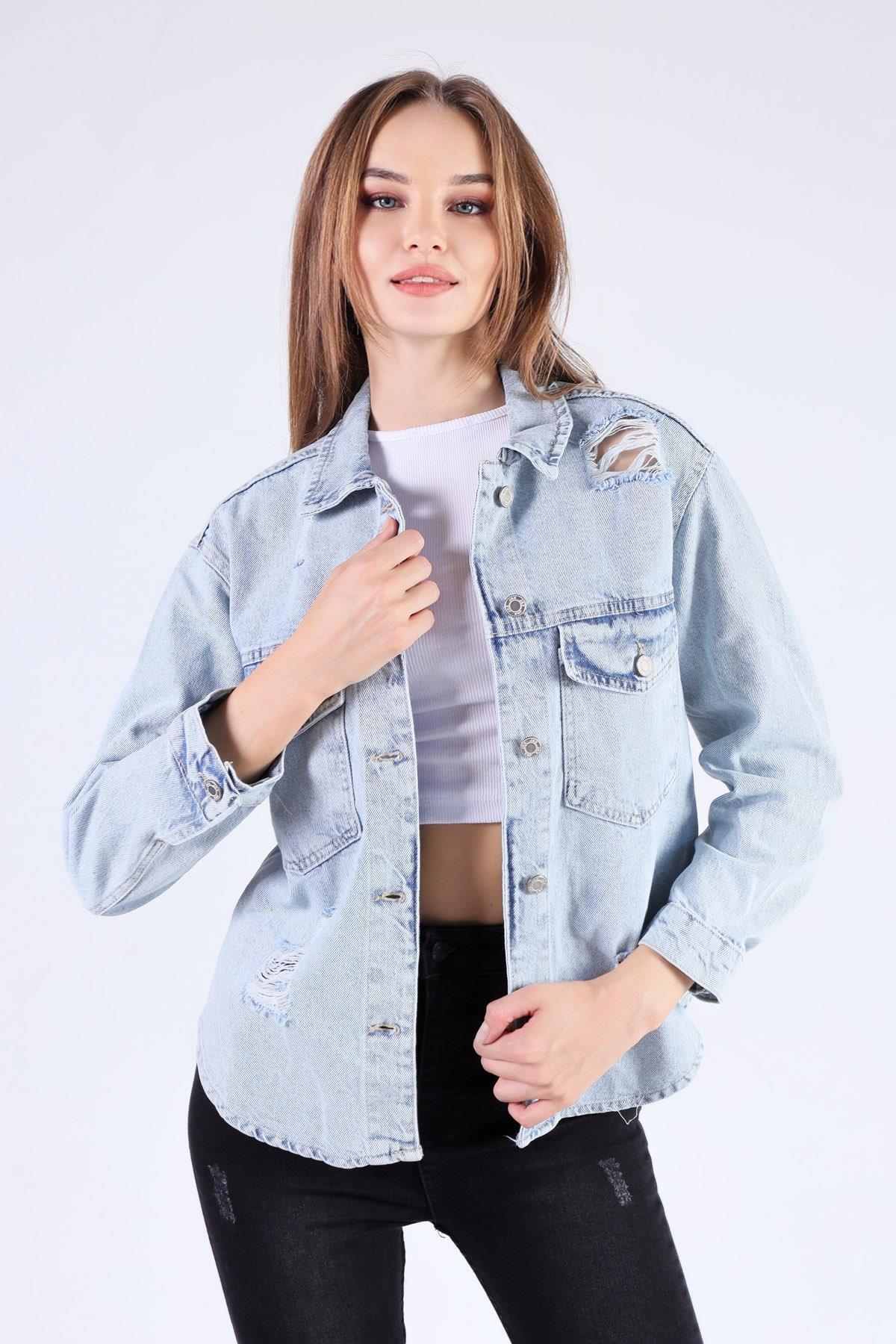 Kar Yıkama Cep Kapak Tırnaklı Jean Ceket 7083 - 4