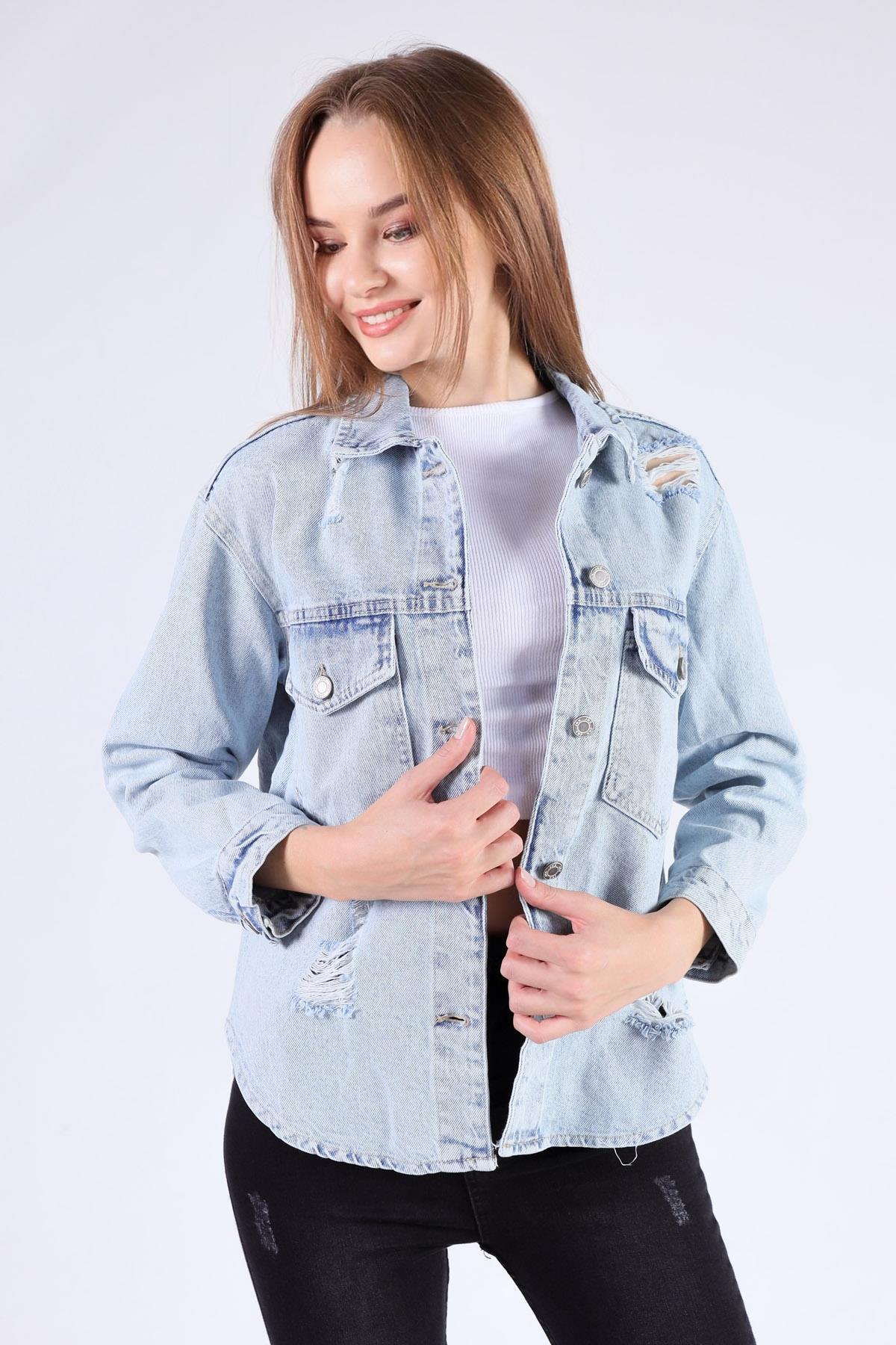 Kar Yıkama Cep Kapak Tırnaklı Jean Ceket 7083 - 5