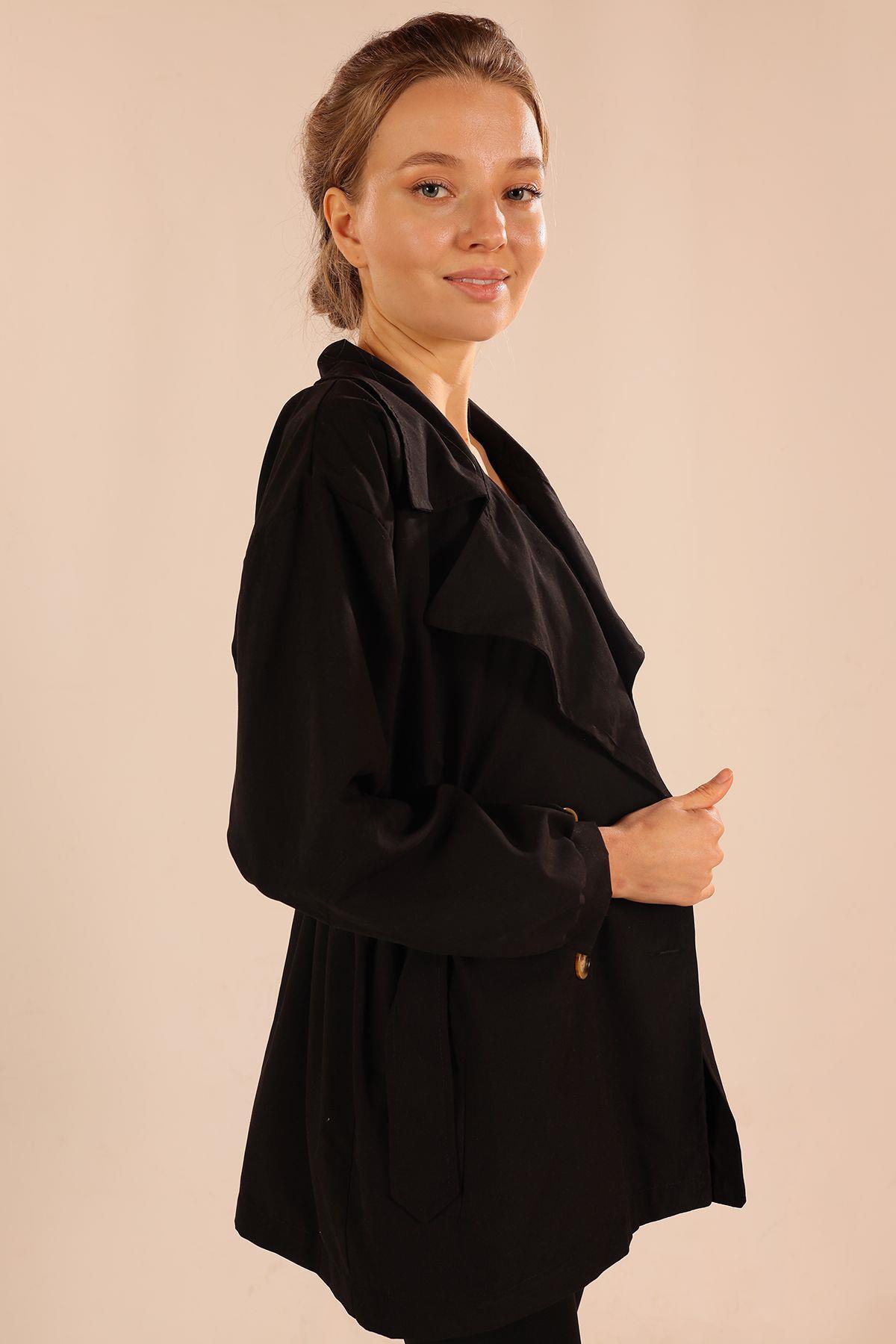 60348 Kemer Detay Trençkot Siyah - 7