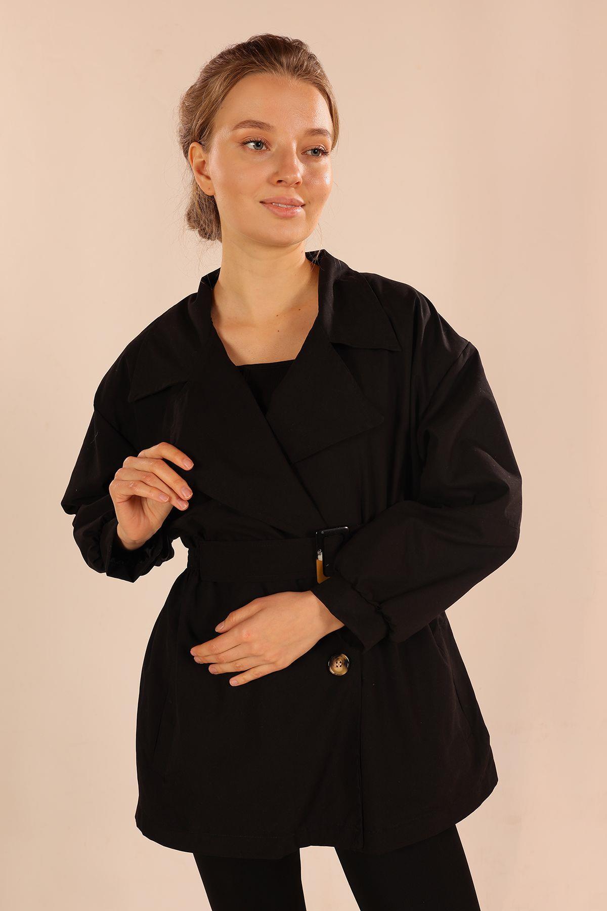 Siyah Kemer Detay Trençkot 60348 