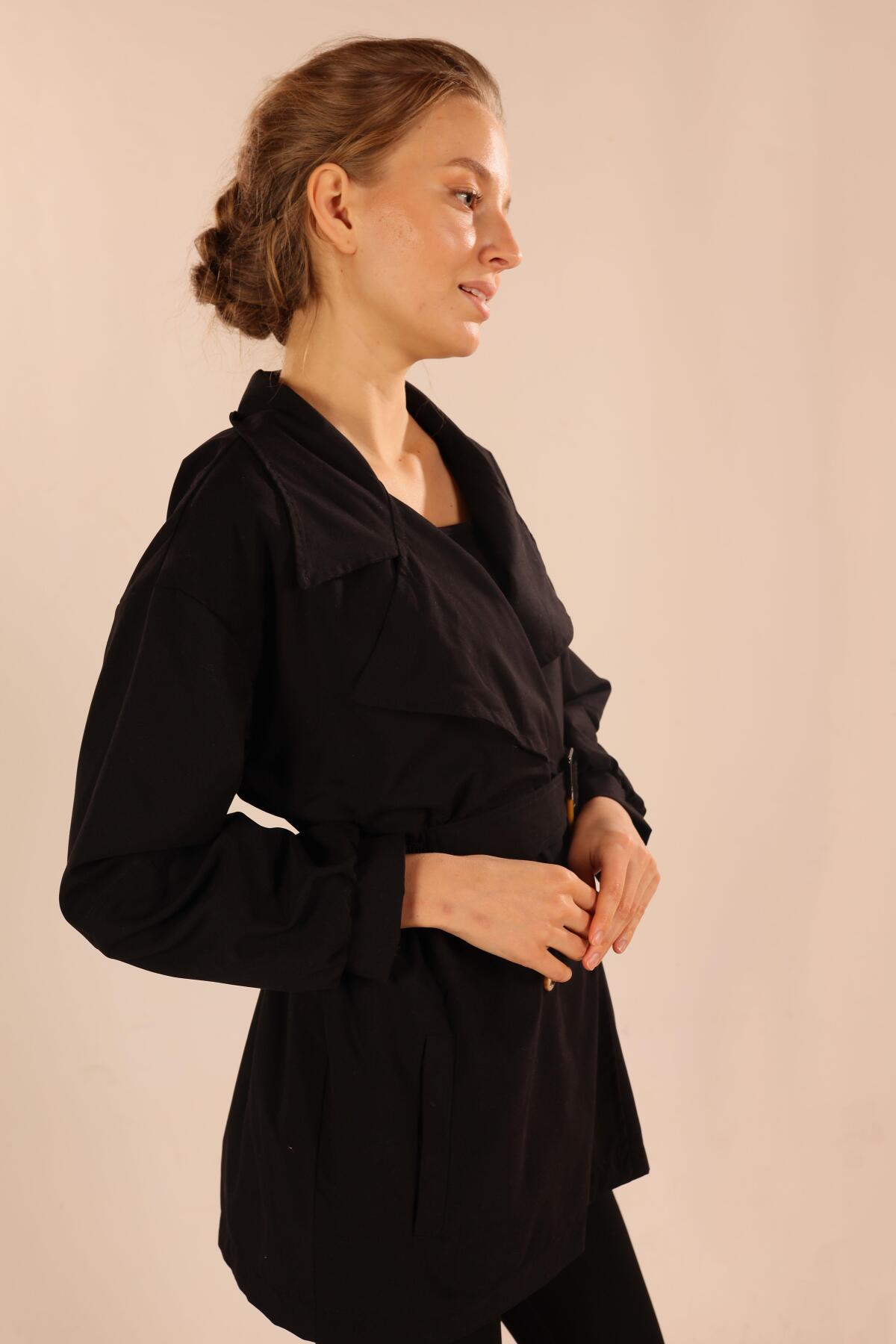 Siyah Kemer Detay Trençkot 60348 - 2