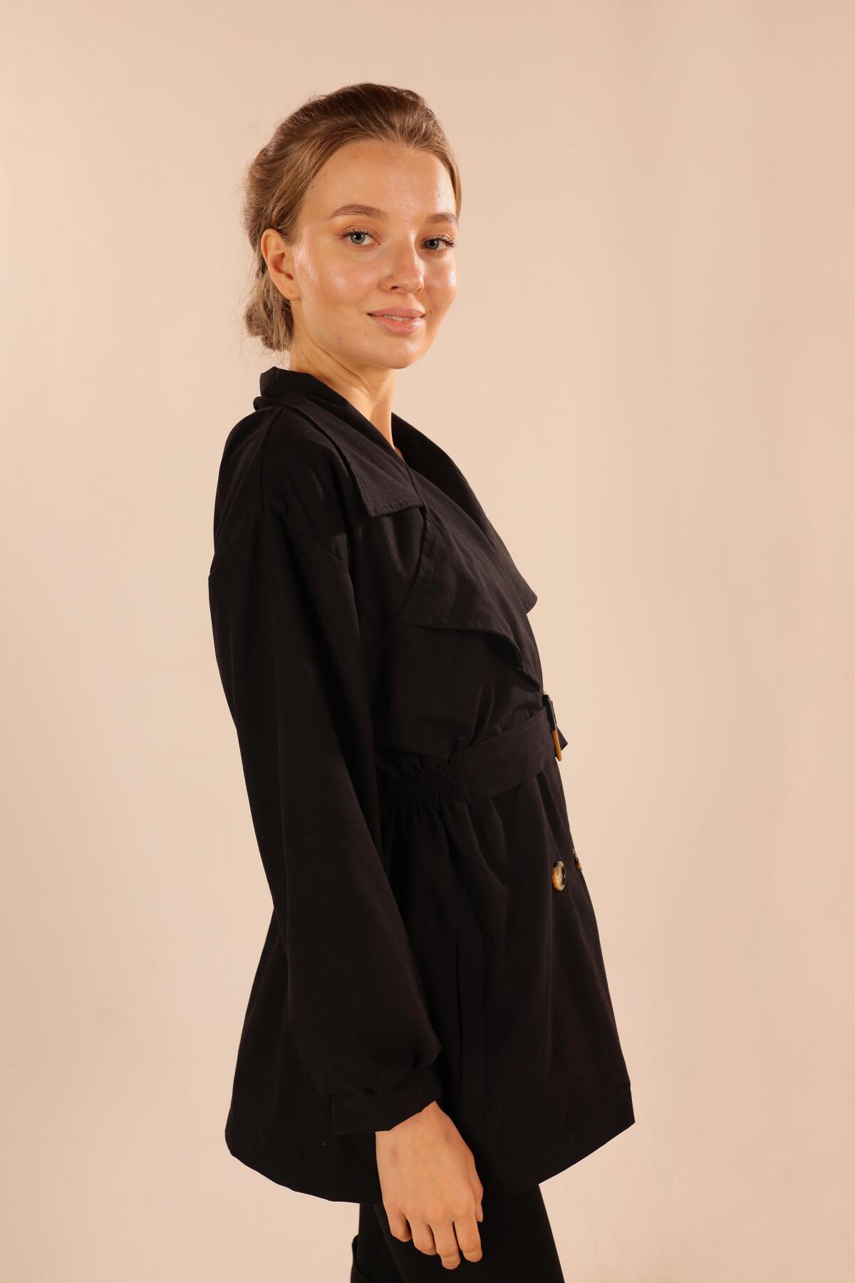 Siyah Kemer Detay Trençkot 60348 - 3