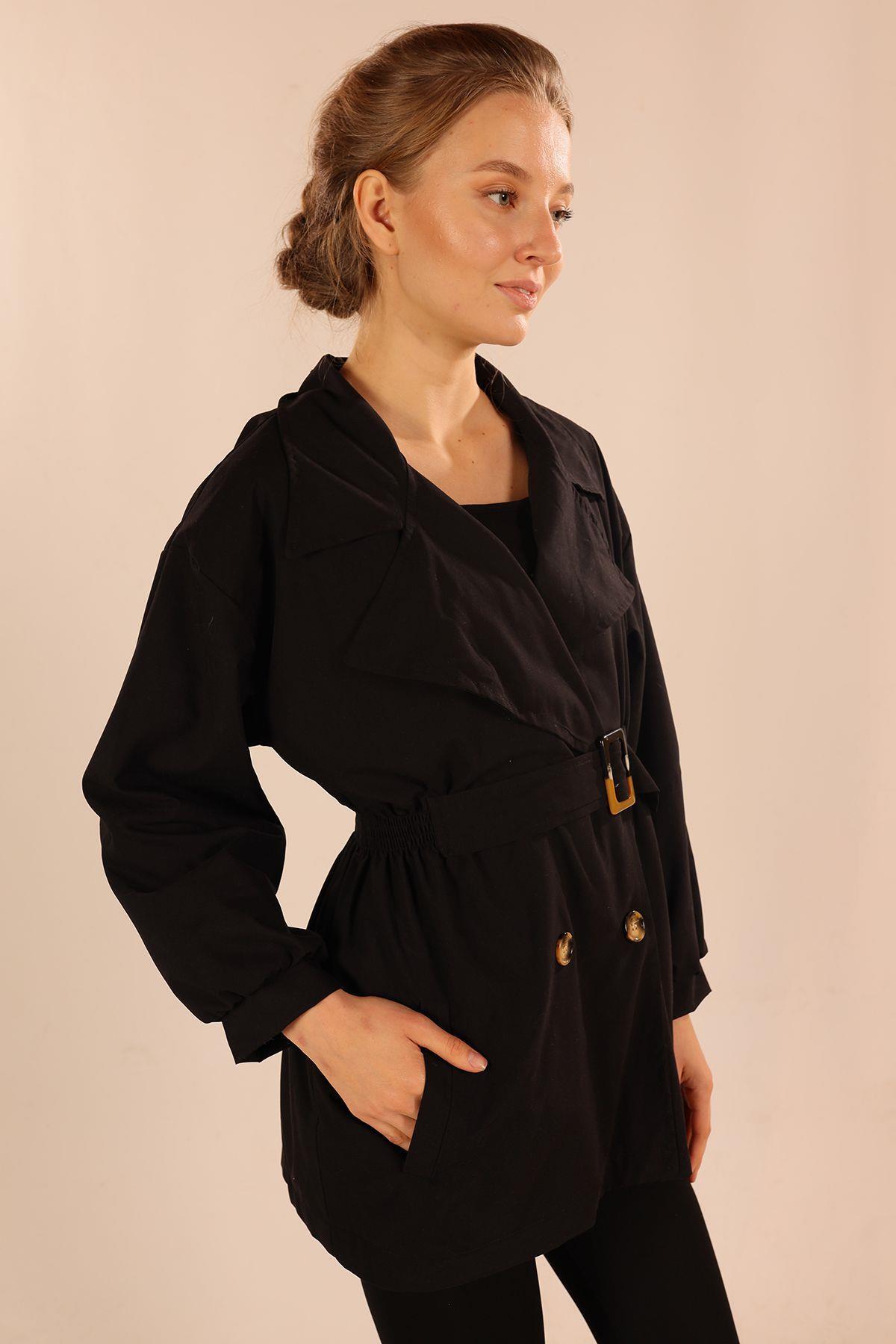 Siyah Kemer Detay Trençkot 60348 - 4