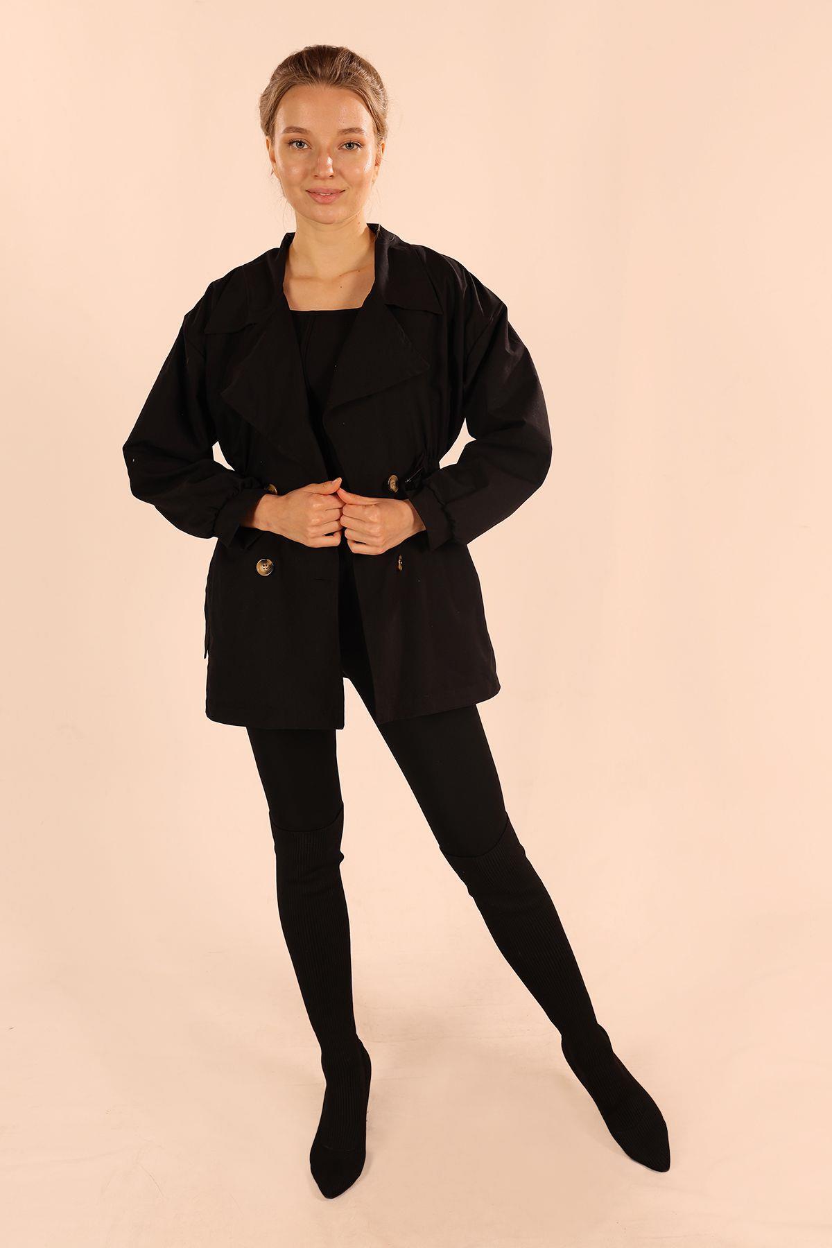 Siyah Kemer Detay Trençkot 60348 - 6