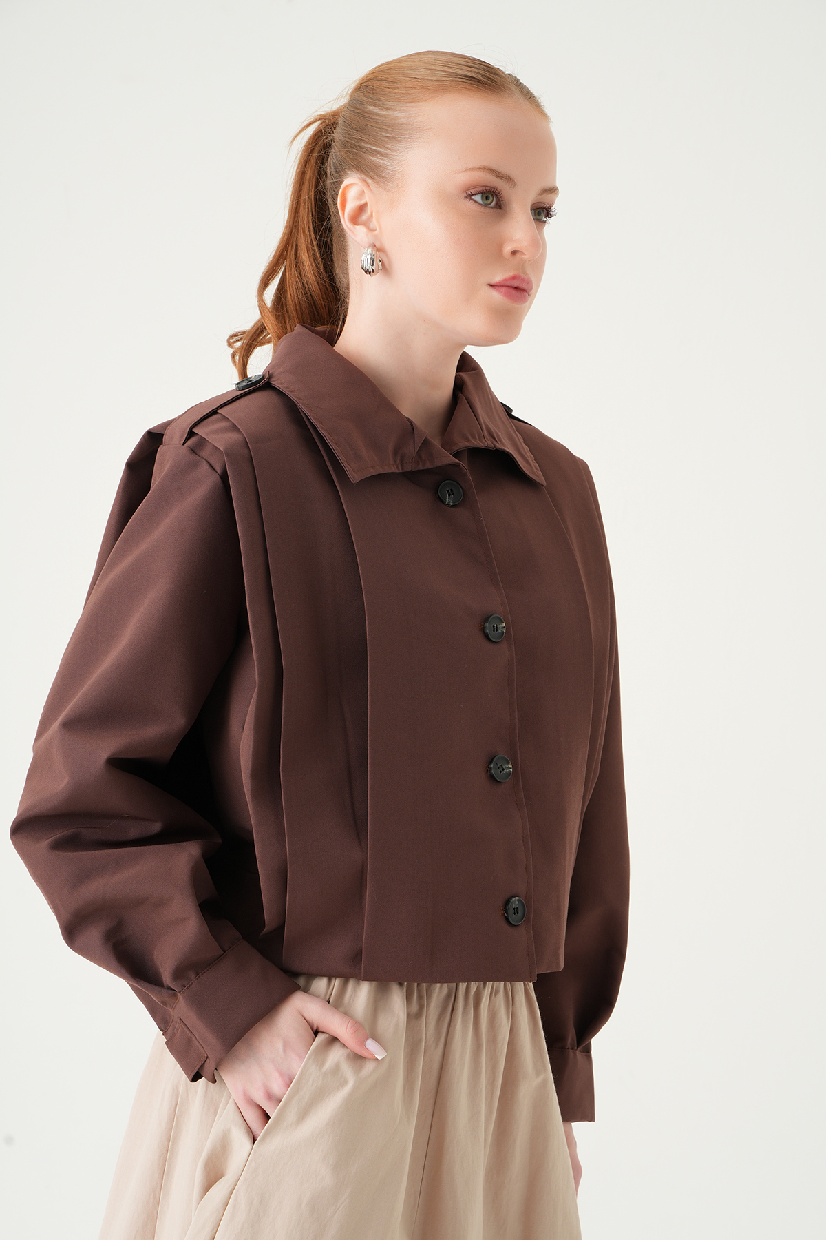 Kahve Düğmeli Uzun Kol Ceket 60530 