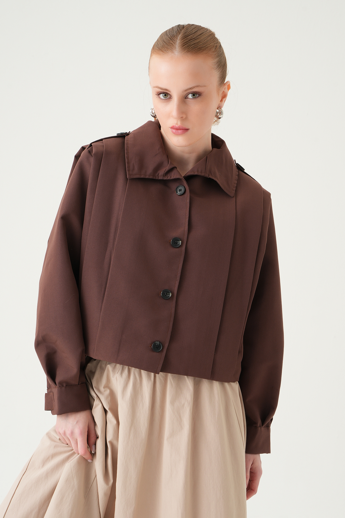 Kahve Düğmeli Uzun Kol Ceket 60530 - 6