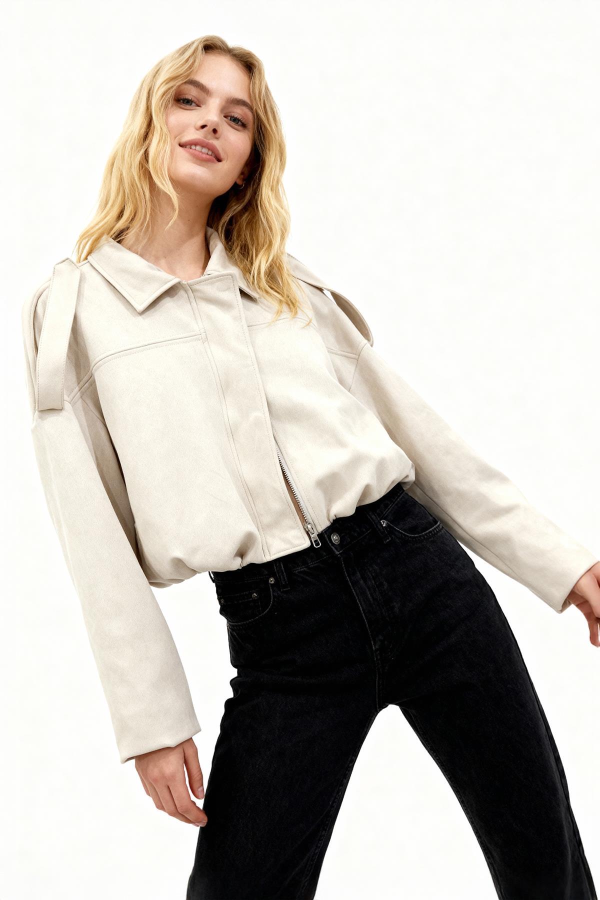 60538 Bel Lastikli Süet Ceket Açık Bej - 1