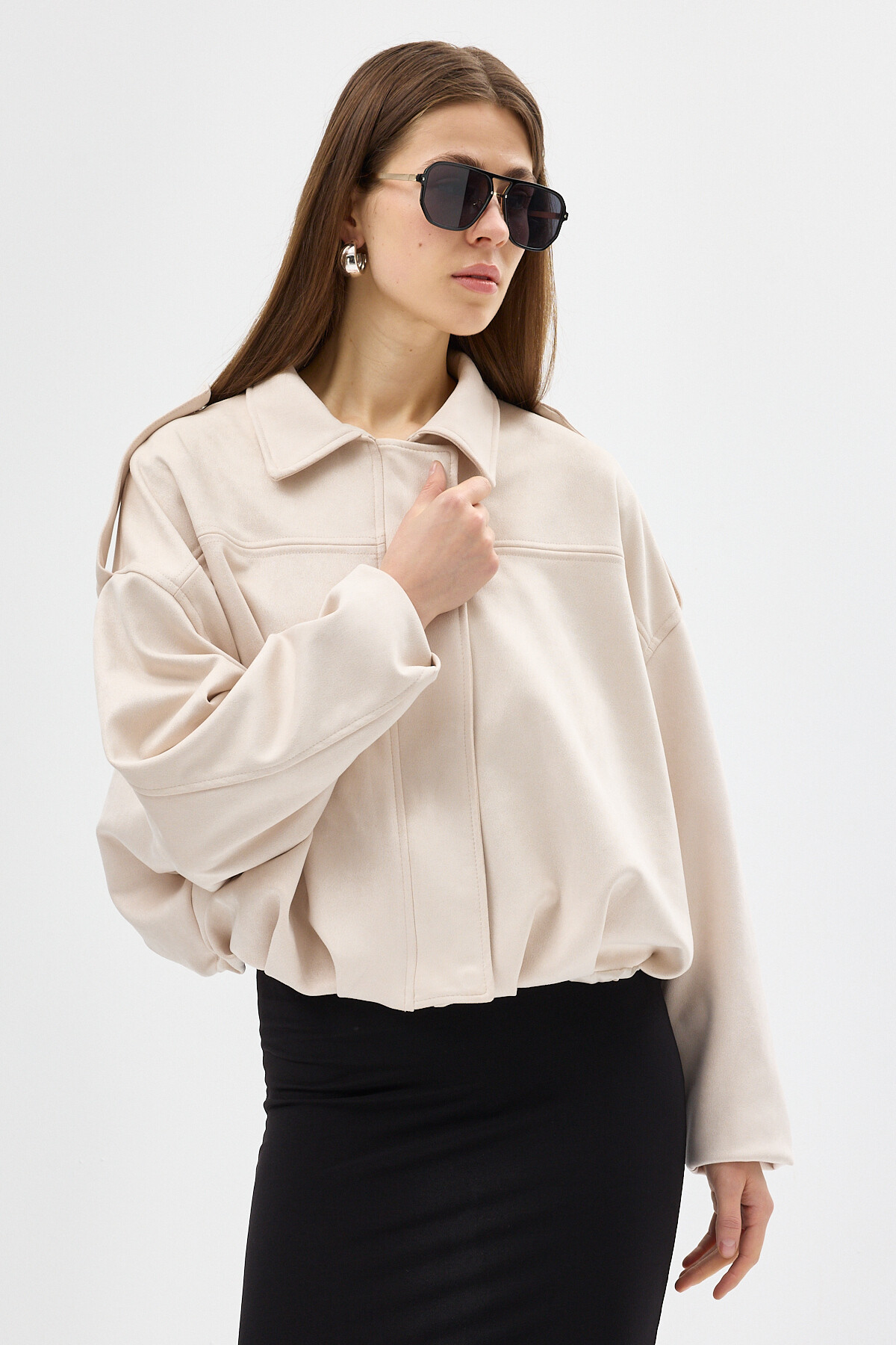 Açık Bej Süet Görünümlü Bel Lastikli Gömlek Yaka Kadın Ceket 60538 - RAYS