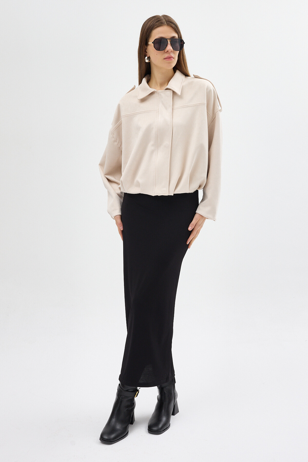 Açık Bej Süet Görünümlü Bel Lastikli Gömlek Yaka Kadın Ceket 60538 - 3