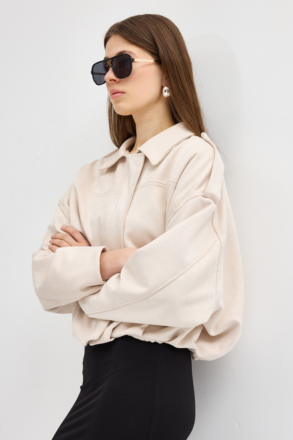 Açık Bej Süet Görünümlü Bel Lastikli Gömlek Yaka Kadın Ceket 60538 - 6