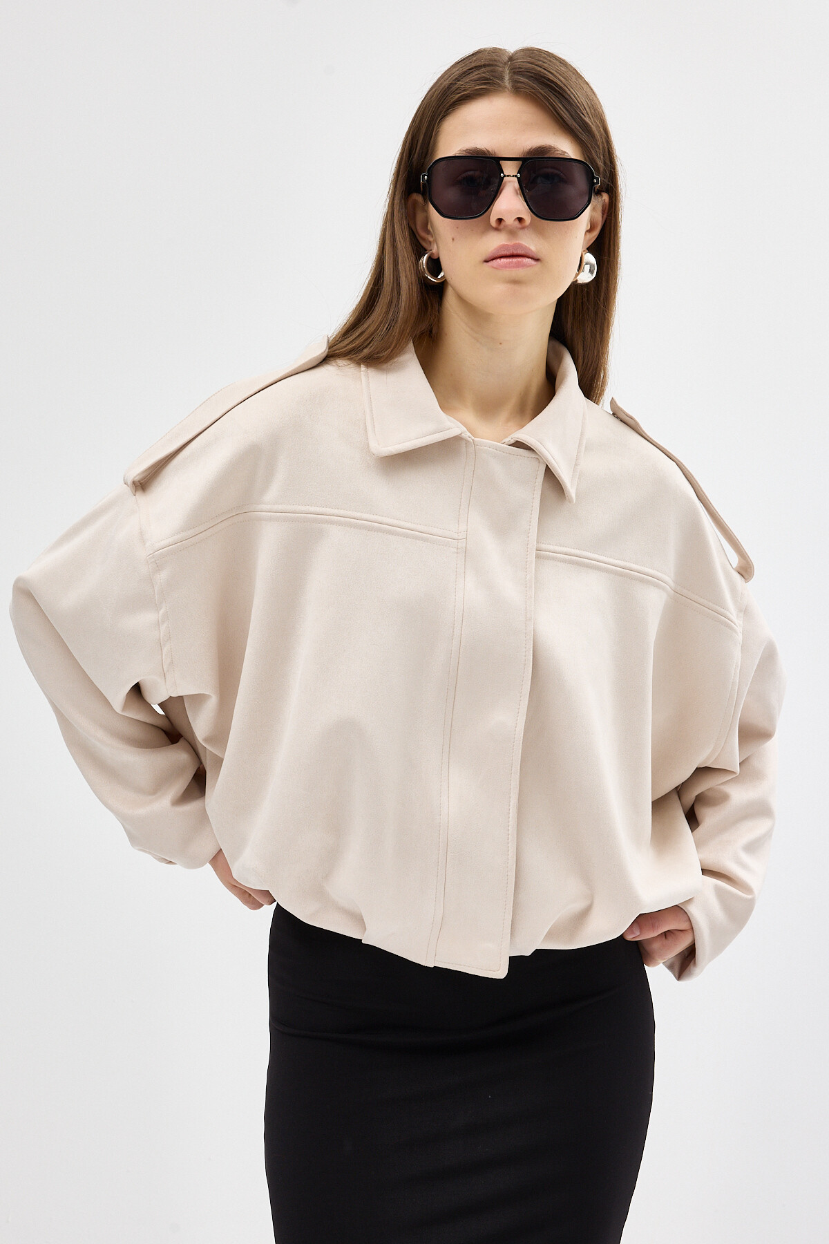 Açık Bej Süet Görünümlü Bel Lastikli Gömlek Yaka Kadın Ceket 60538 - 7