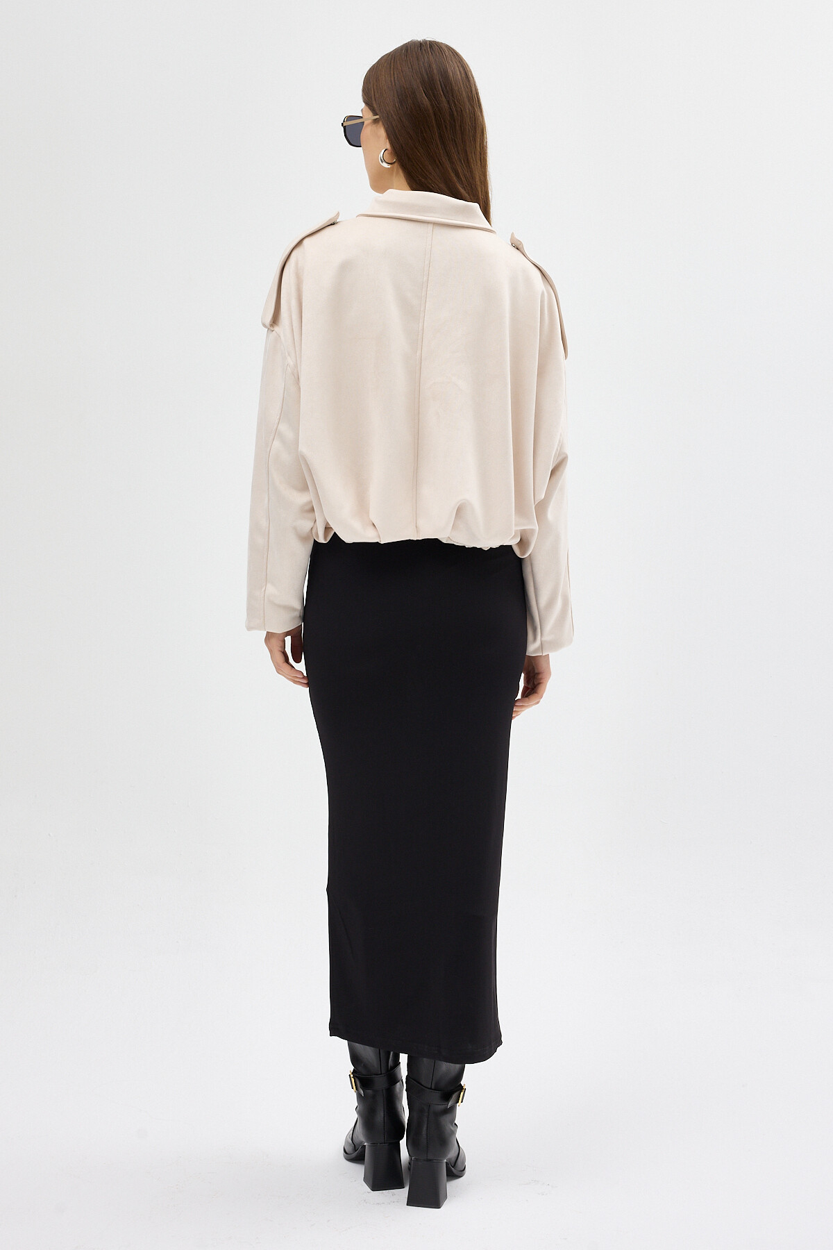 Açık Bej Süet Görünümlü Bel Lastikli Gömlek Yaka Kadın Ceket 60538 - 5