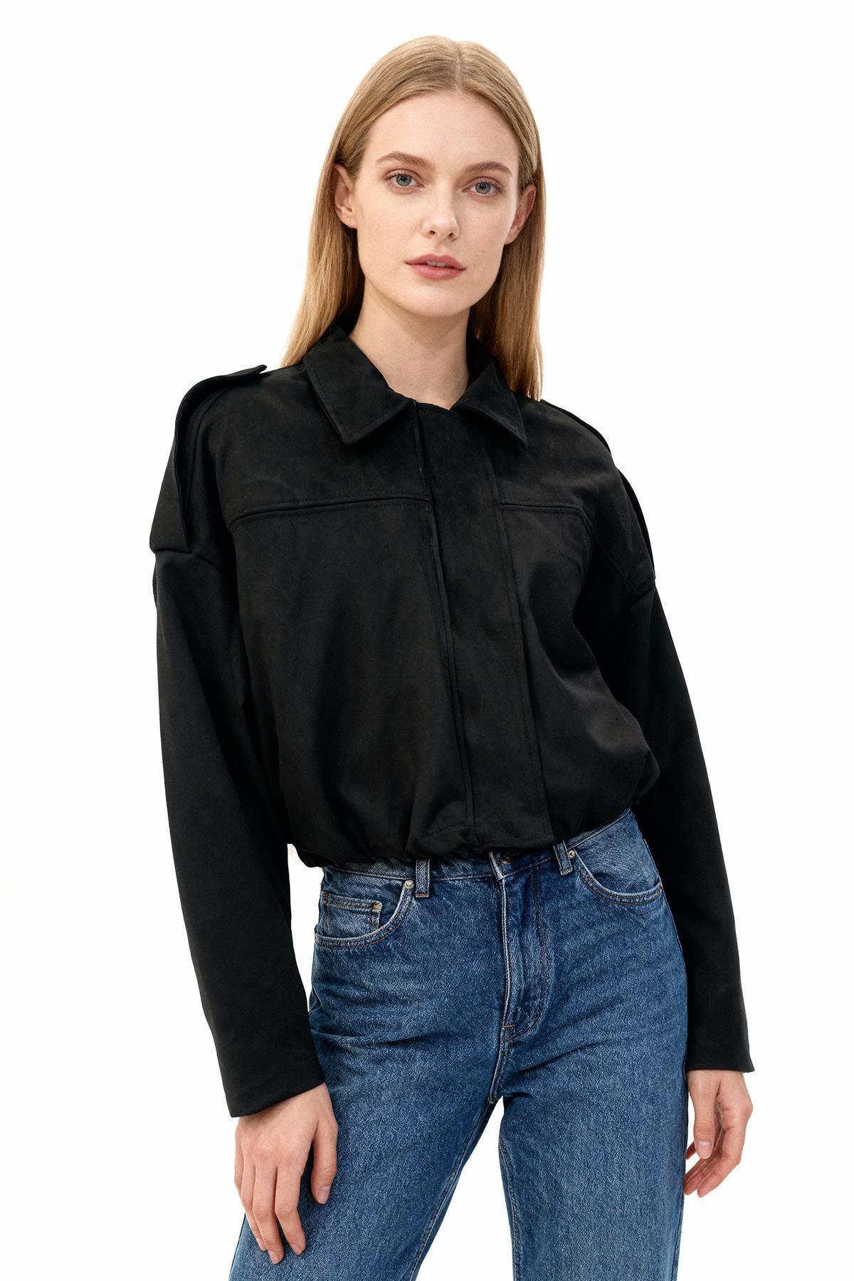 60538 Bel Lastikli Süet Ceket Siyah - RAYS