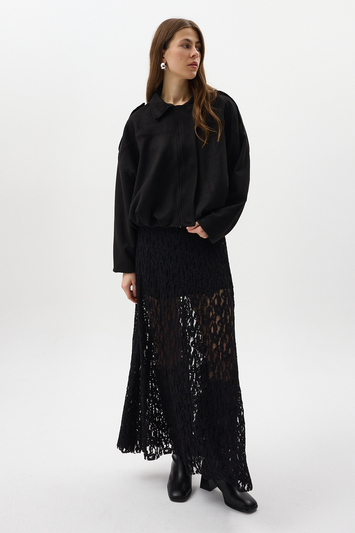 Siyah Süet Görünümlü Bel Lastikli Gömlek Yaka Kadın Ceket 60538 - RAYS