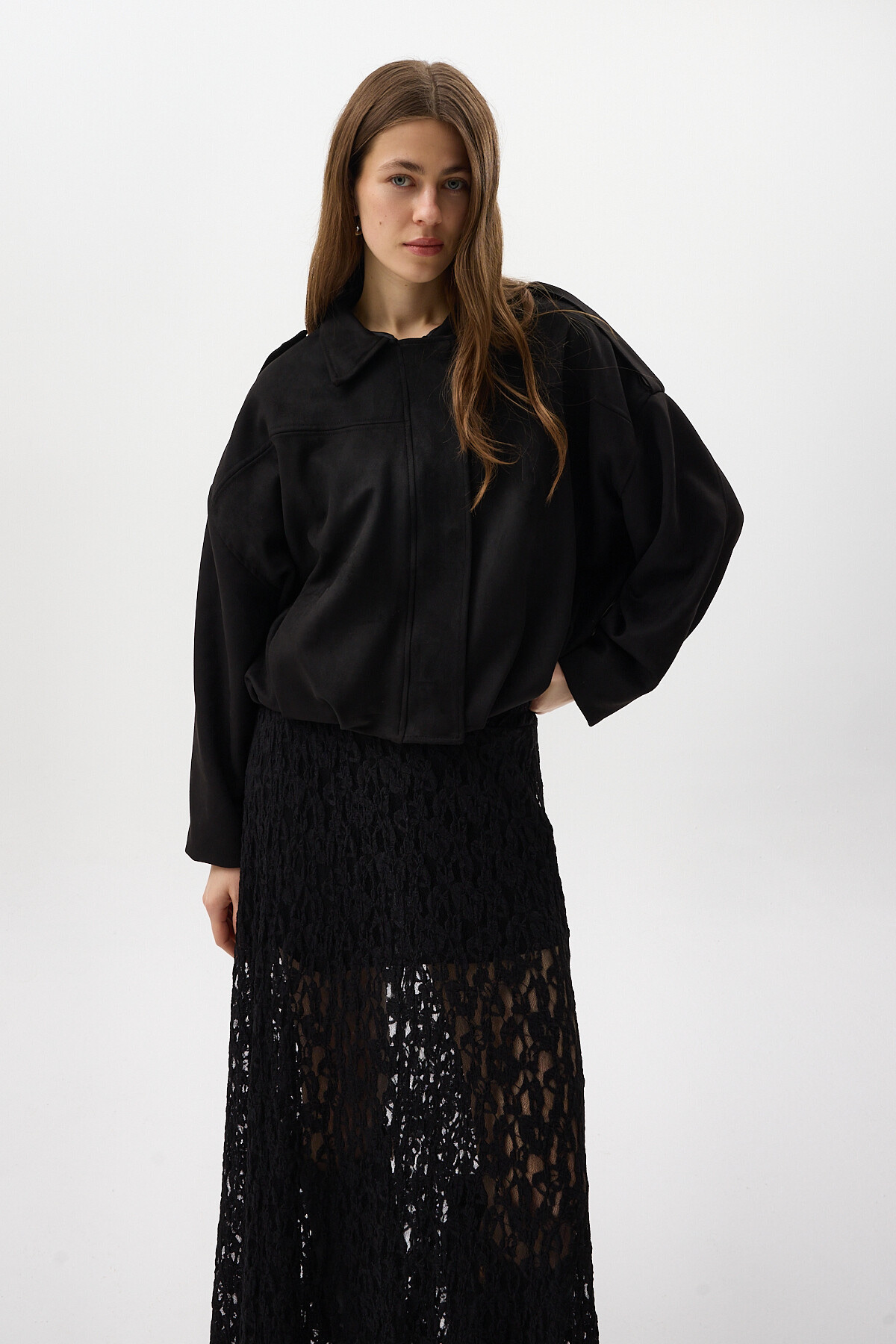 Siyah Süet Görünümlü Bel Lastikli Gömlek Yaka Kadın Ceket 60538 