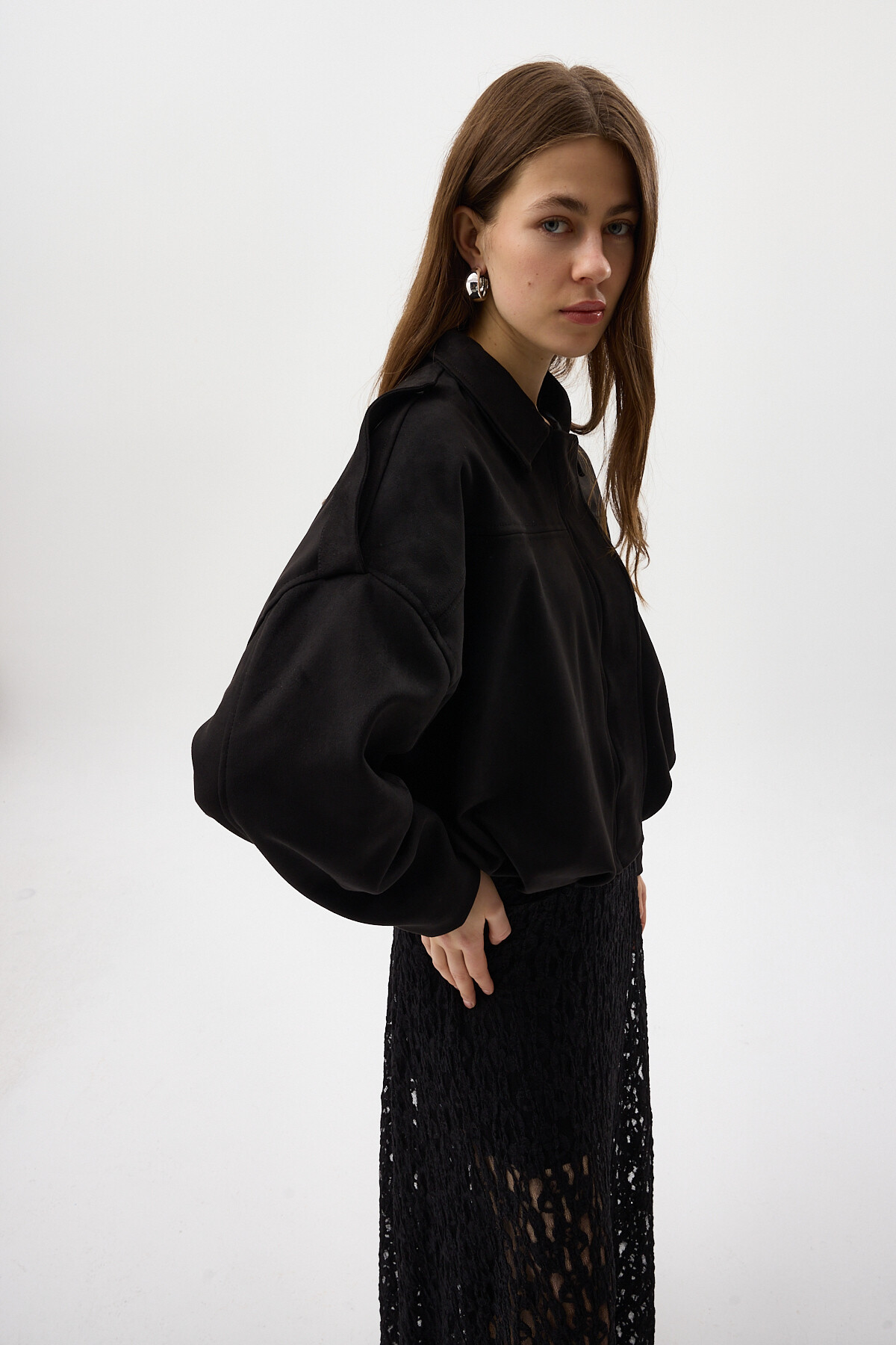 Siyah Süet Görünümlü Bel Lastikli Gömlek Yaka Kadın Ceket 60538 - 4