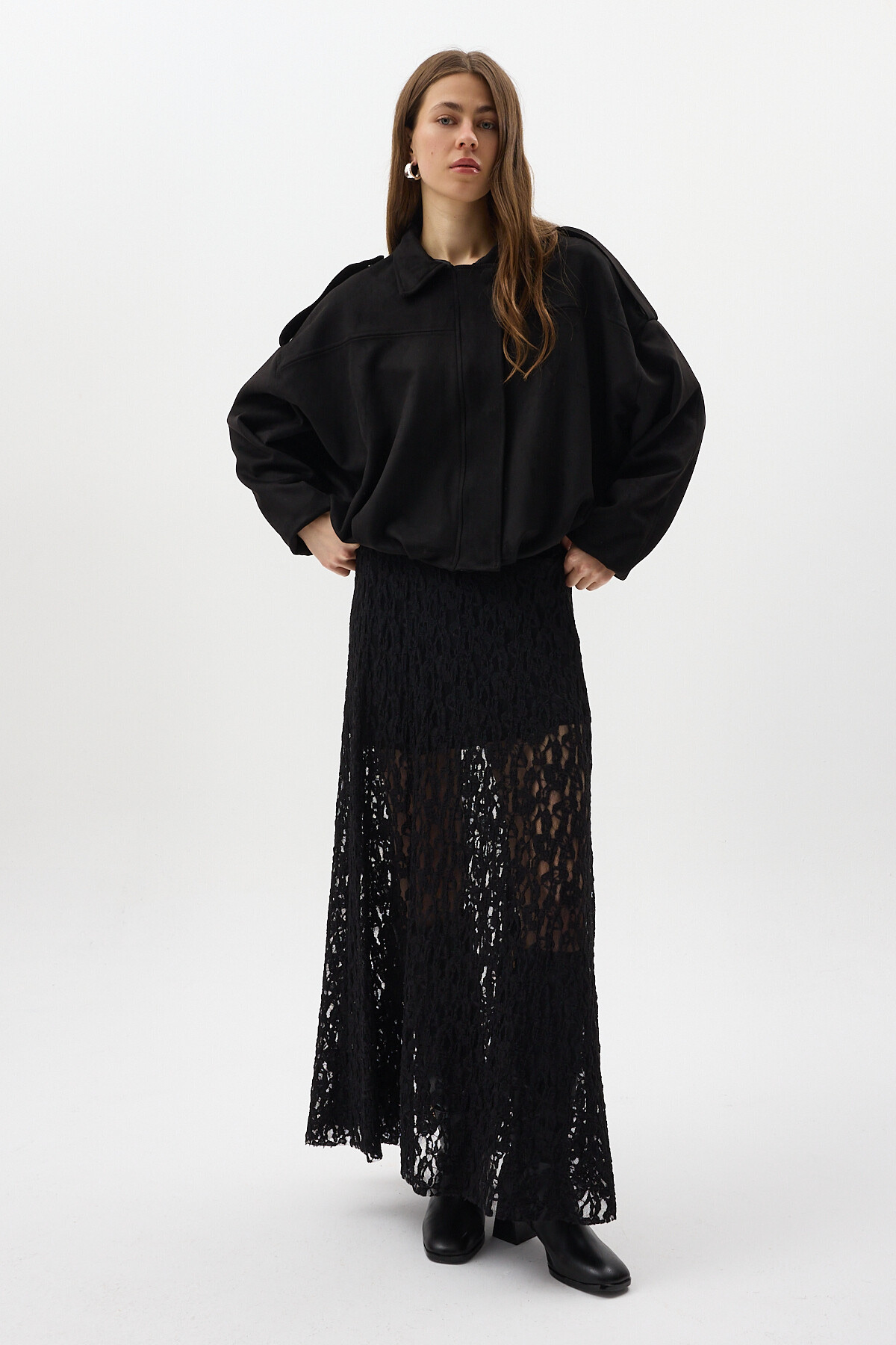 Siyah Süet Görünümlü Bel Lastikli Gömlek Yaka Kadın Ceket 60538 - 7