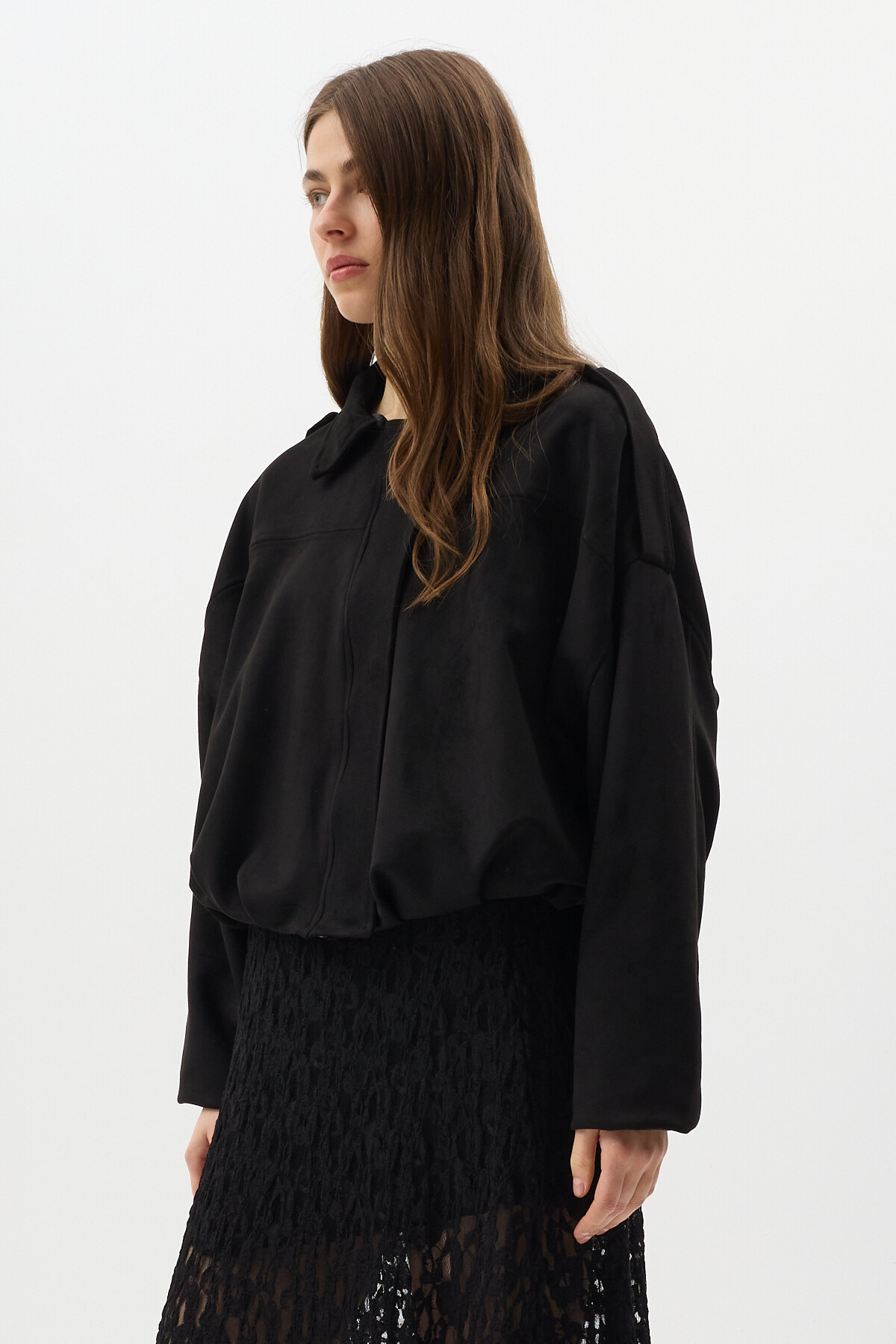 Siyah Süet Görünümlü Bel Lastikli Gömlek Yaka Kadın Ceket 60538 - 8