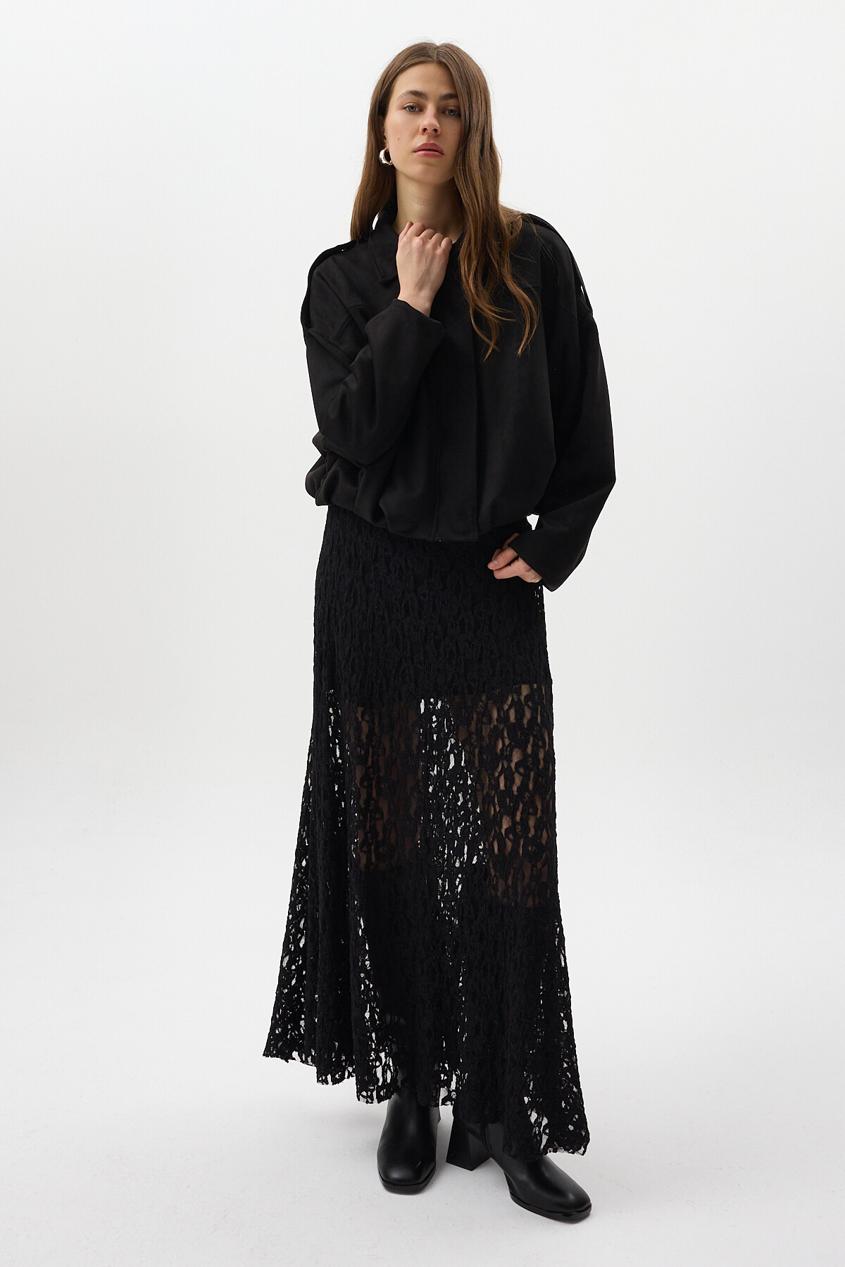 Siyah Süet Görünümlü Bel Lastikli Gömlek Yaka Kadın Ceket 60538 - 6