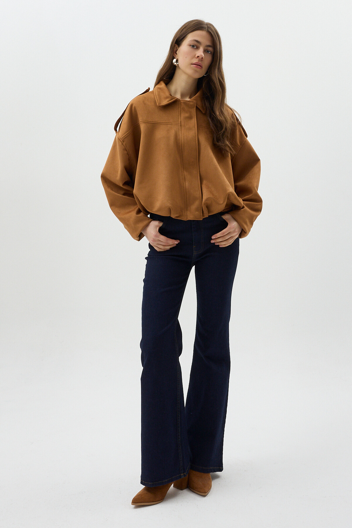 Taba Süet Görünümlü Bel Lastikli Gömlek Yaka Kadın Ceket 60538 - 3