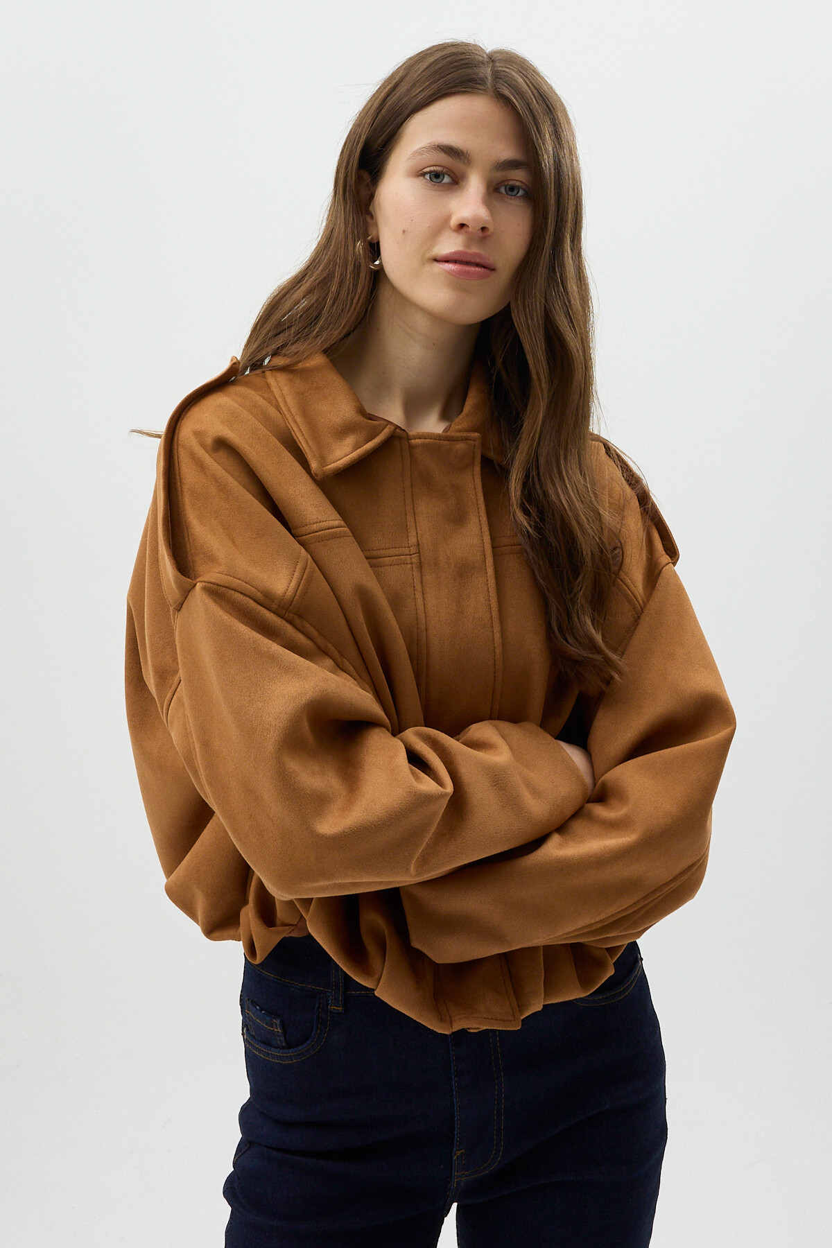 Taba Süet Görünümlü Bel Lastikli Gömlek Yaka Kadın Ceket 60538 - 7