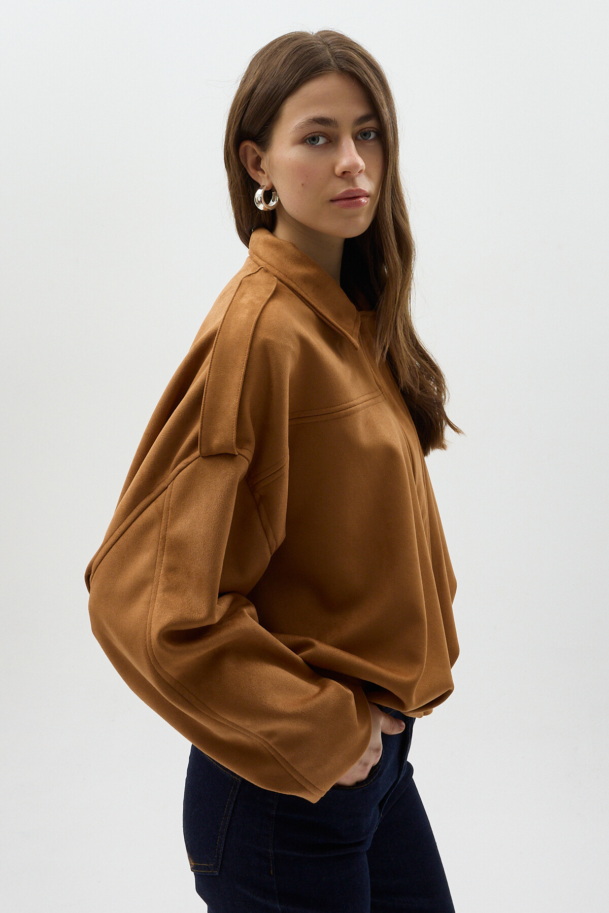 Taba Süet Görünümlü Bel Lastikli Gömlek Yaka Kadın Ceket 60538 - RAYS