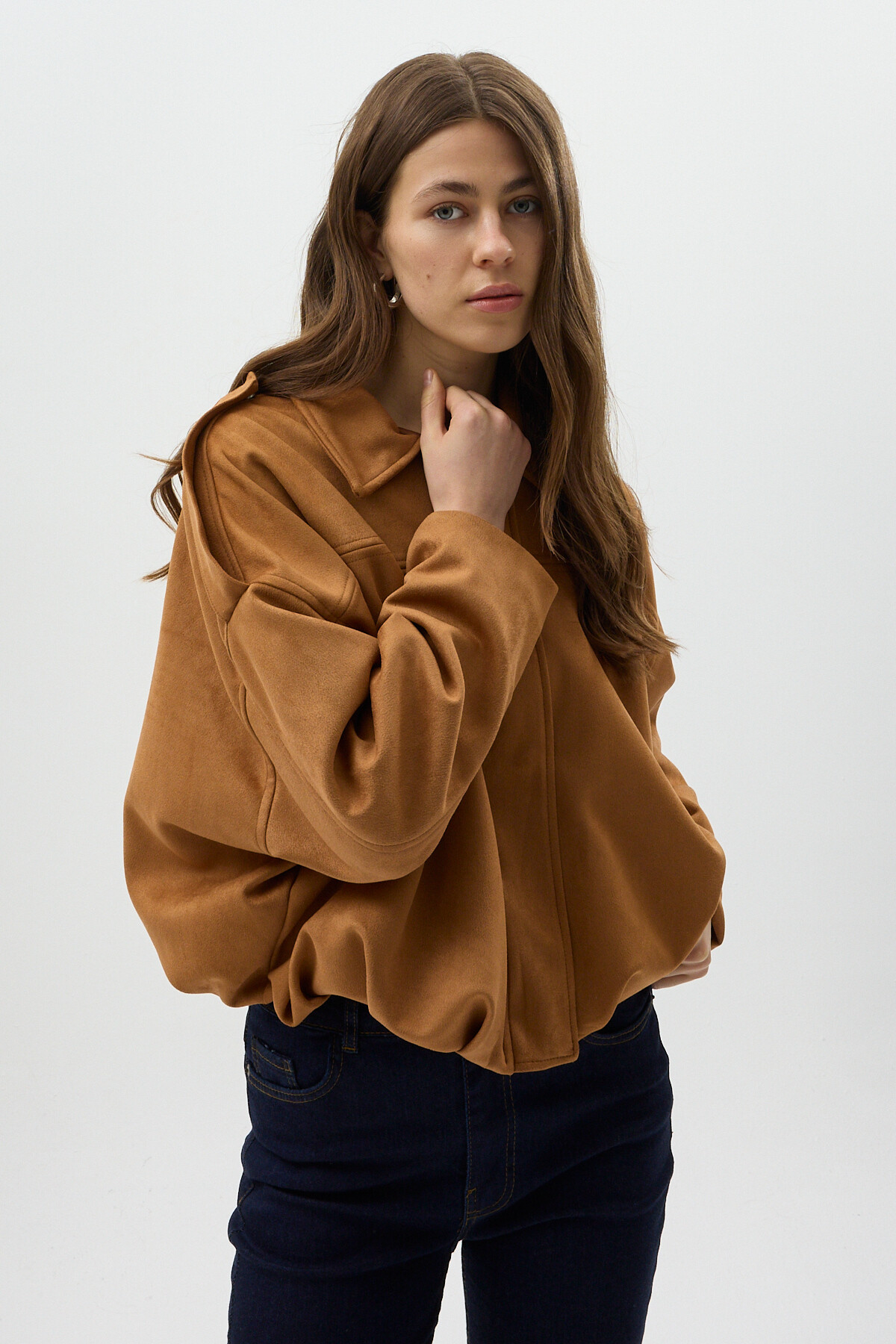 Taba Süet Görünümlü Bel Lastikli Gömlek Yaka Kadın Ceket 60538 - RAYS