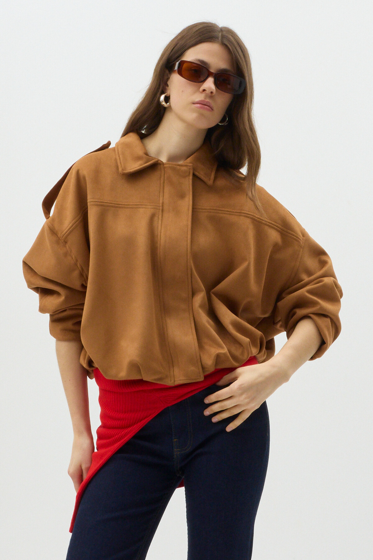 Taba Süet Görünümlü Bel Lastikli Gömlek Yaka Kadın Ceket 60538 