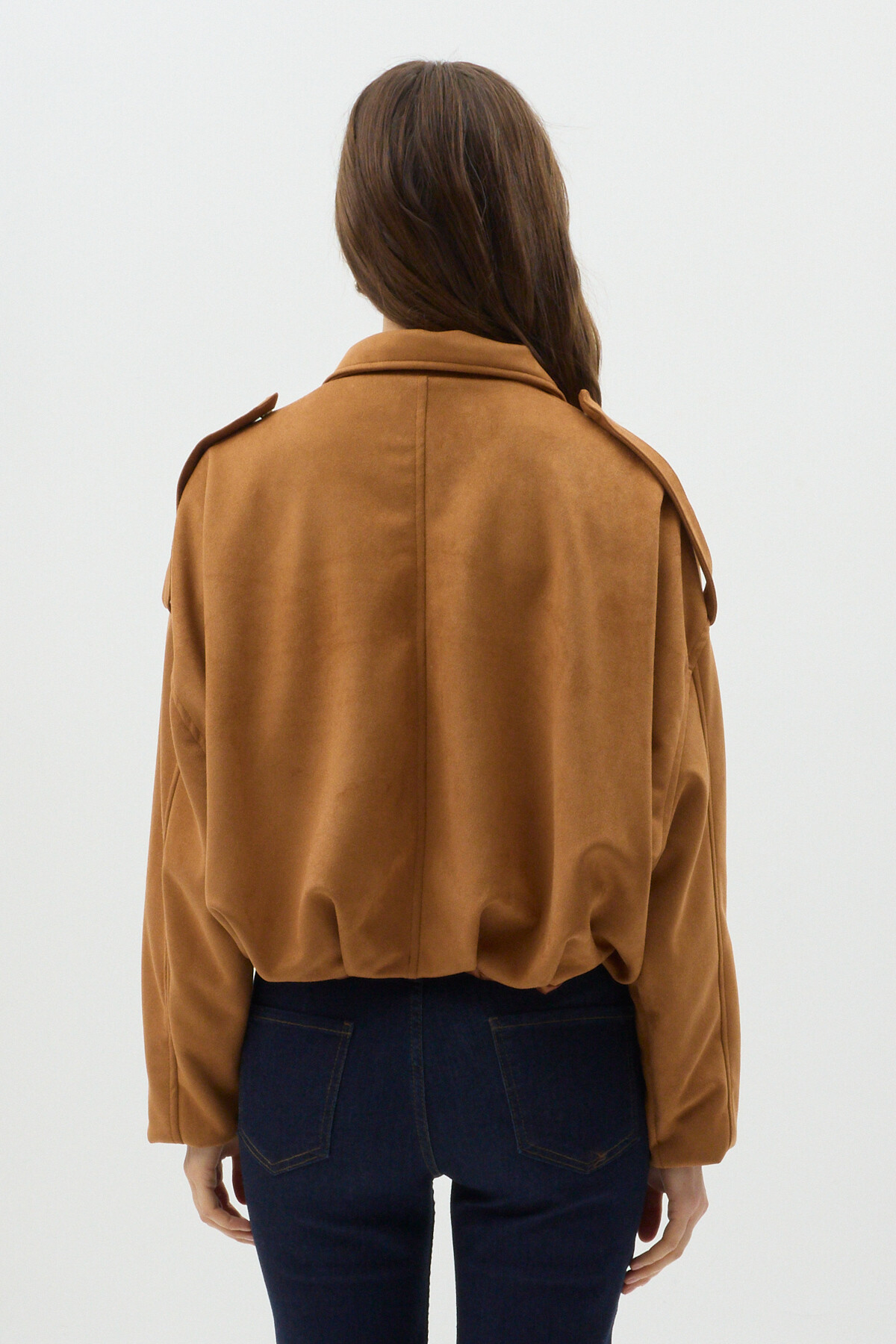 Taba Süet Görünümlü Bel Lastikli Gömlek Yaka Kadın Ceket 60538 - 5