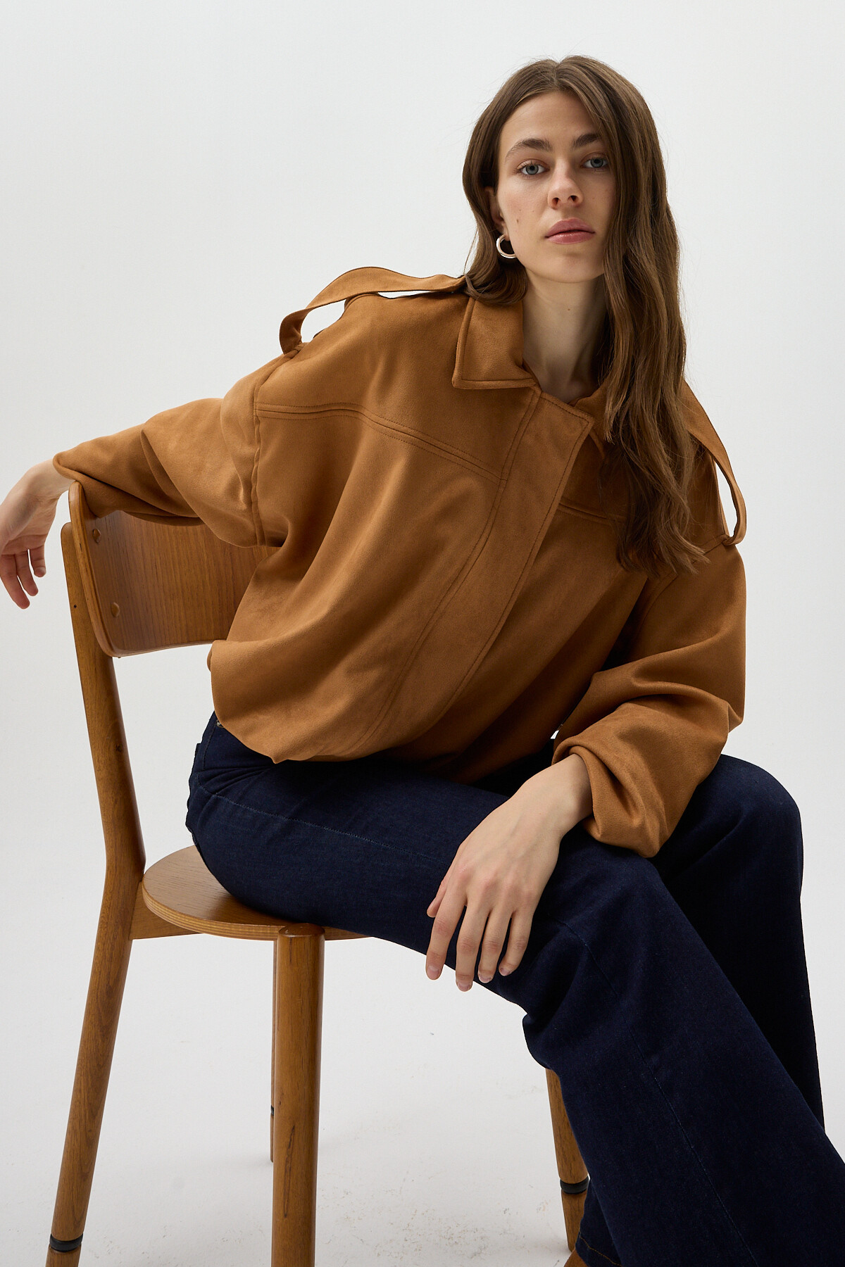 Taba Süet Görünümlü Bel Lastikli Gömlek Yaka Kadın Ceket 60538 - 6