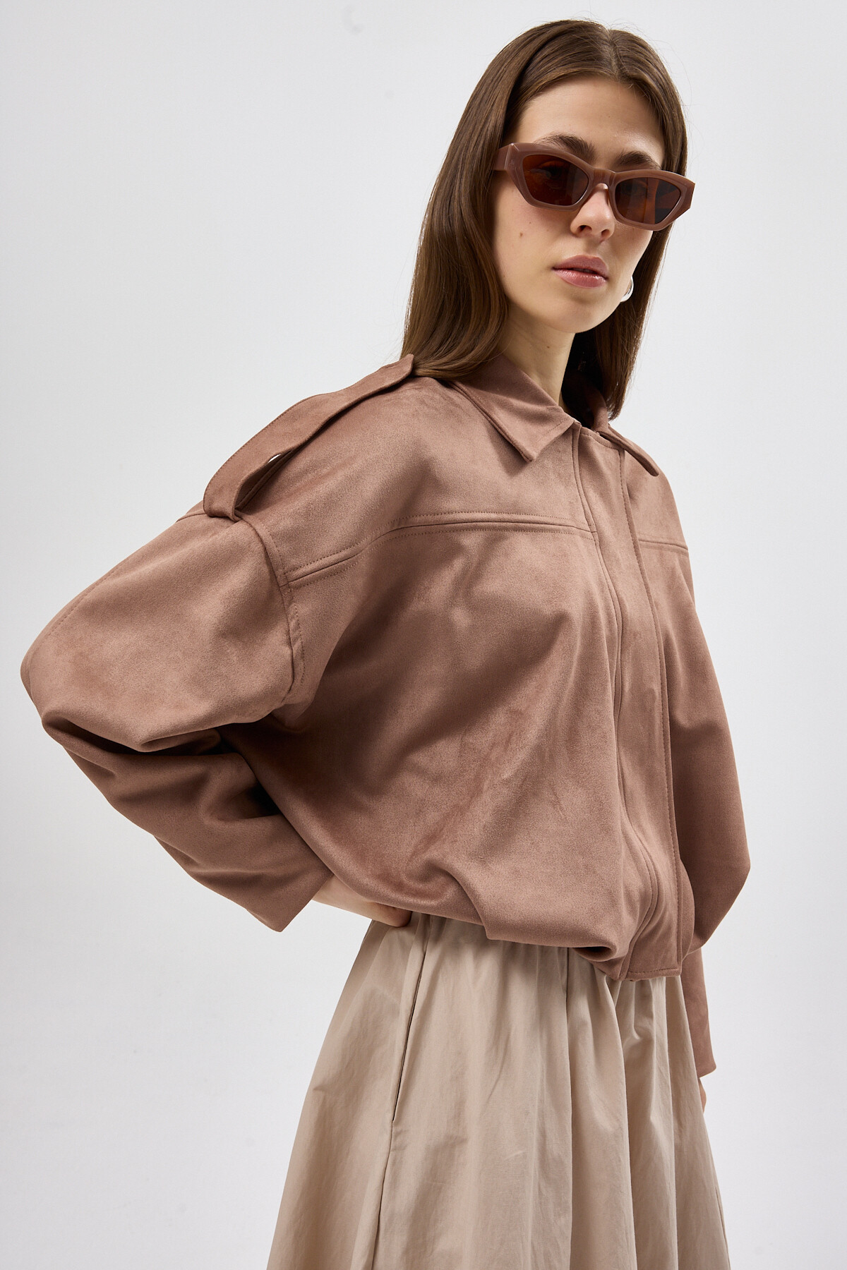 Vizon Süet Görünümlü Bel Lastikli Gömlek Yaka Kadın Ceket 60538 - 1