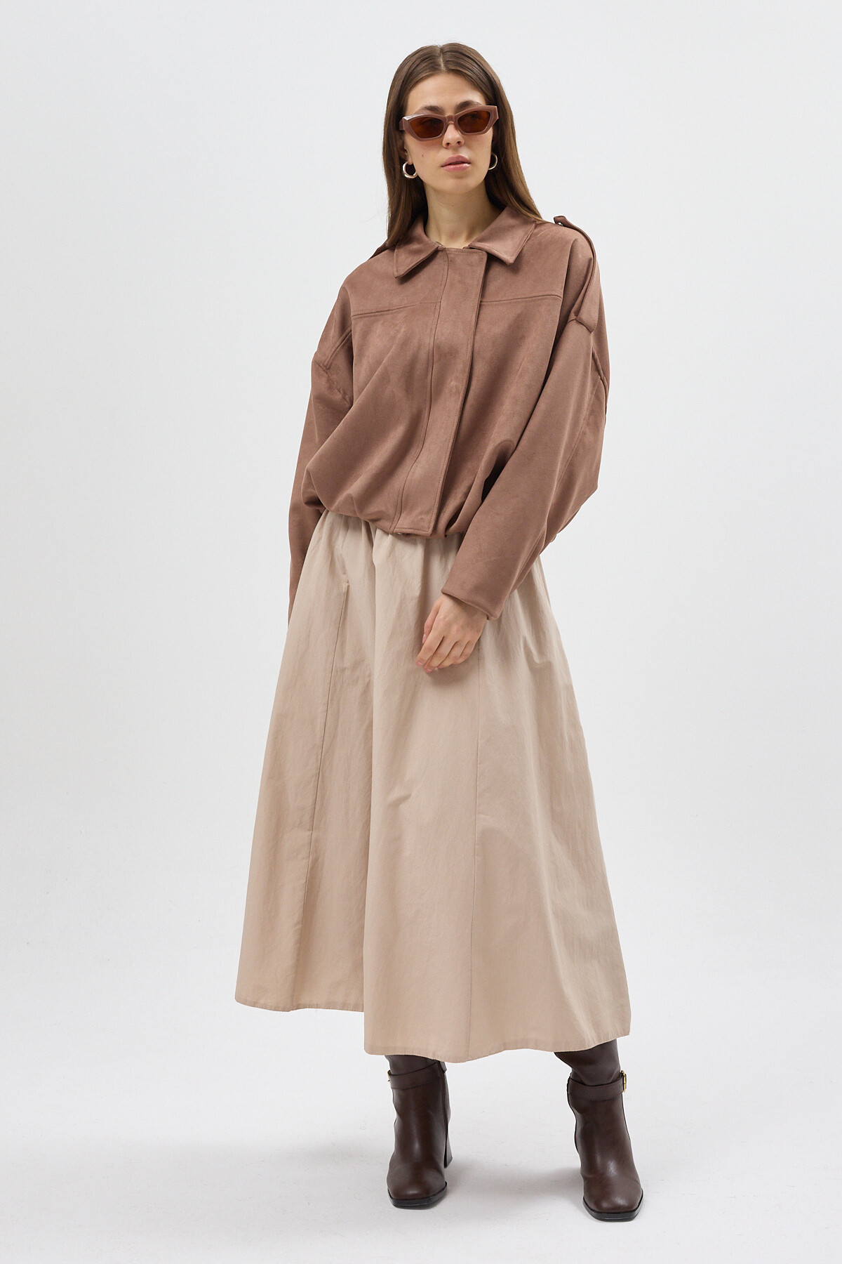 Vizon Süet Görünümlü Bel Lastikli Gömlek Yaka Kadın Ceket 60538 - 3