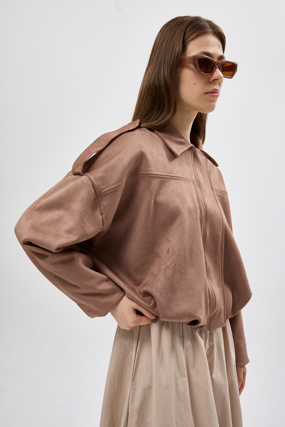 Vizon Süet Görünümlü Bel Lastikli Gömlek Yaka Kadın Ceket 60538 - 2