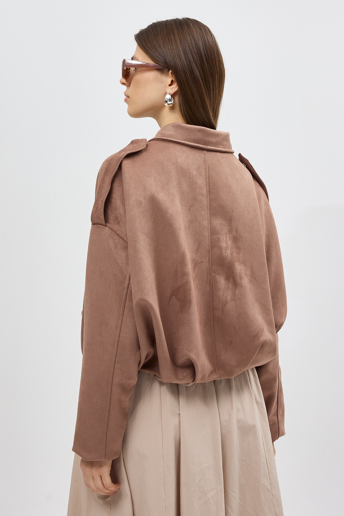 Vizon Süet Görünümlü Bel Lastikli Gömlek Yaka Kadın Ceket 60538 - 5