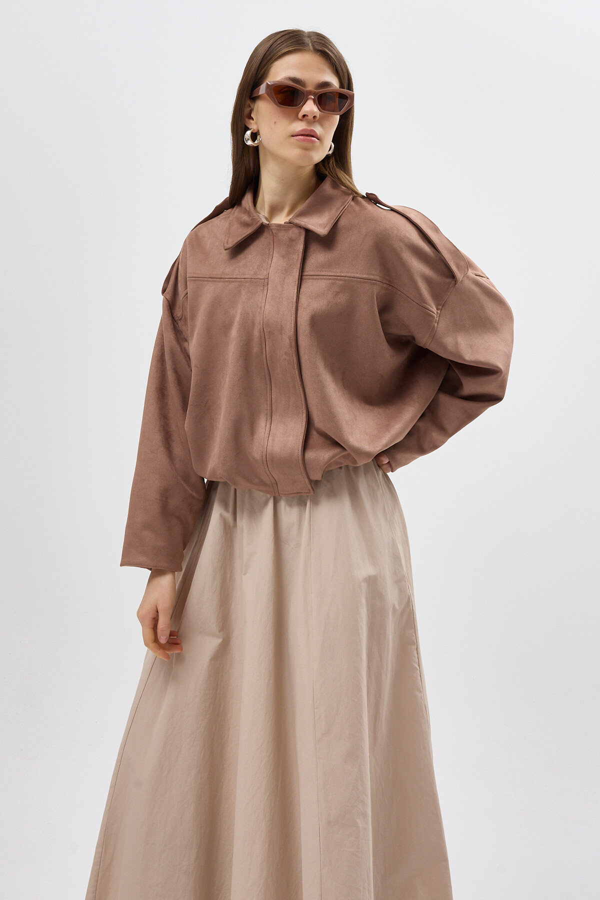 Vizon Süet Görünümlü Bel Lastikli Gömlek Yaka Kadın Ceket 60538 - 6