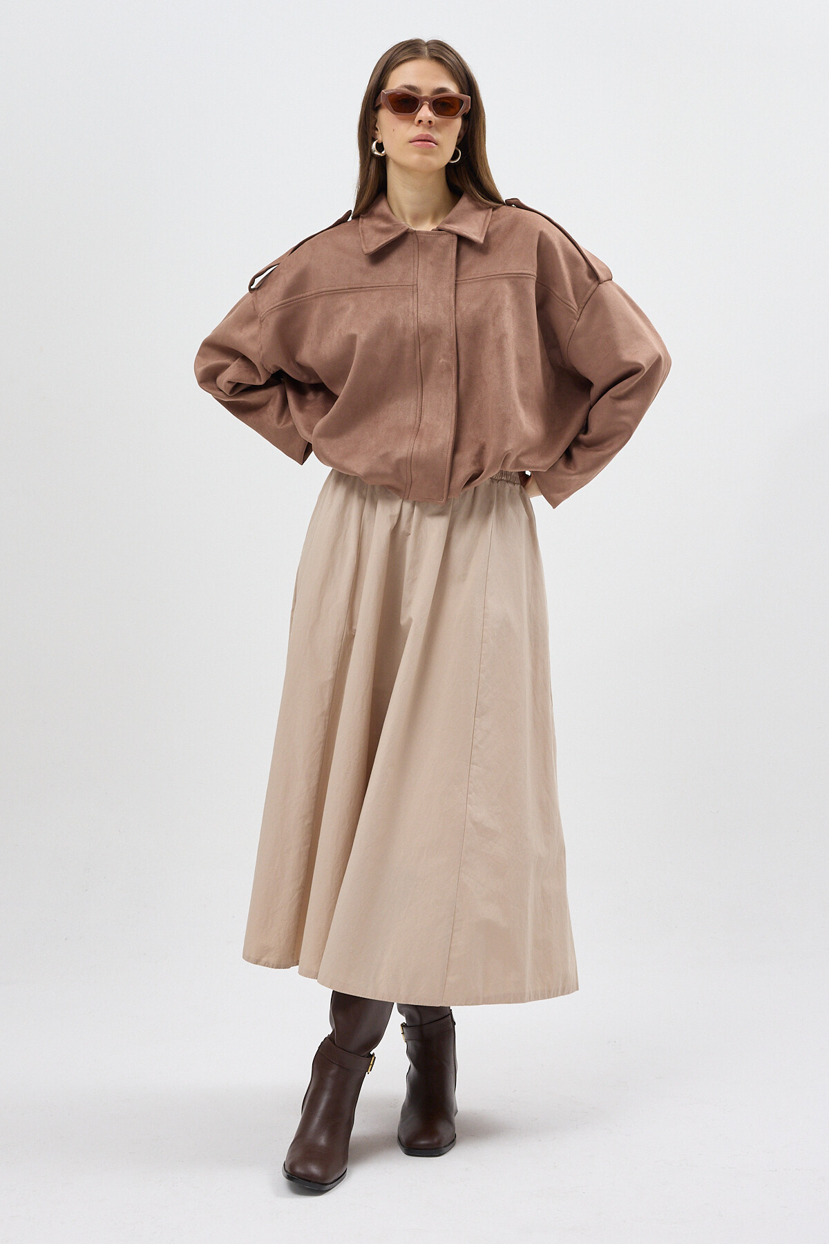 Vizon Süet Görünümlü Bel Lastikli Gömlek Yaka Kadın Ceket 60538 - 7