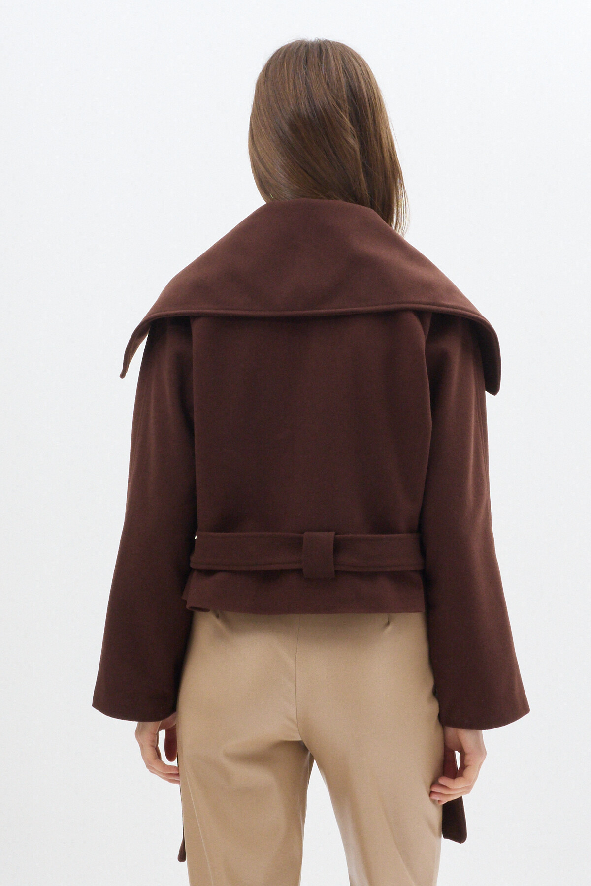 Acı Kahve Geniş Dökümlü Yaka Kuşaklı Kısa Kadın Kaban 60566 - 5