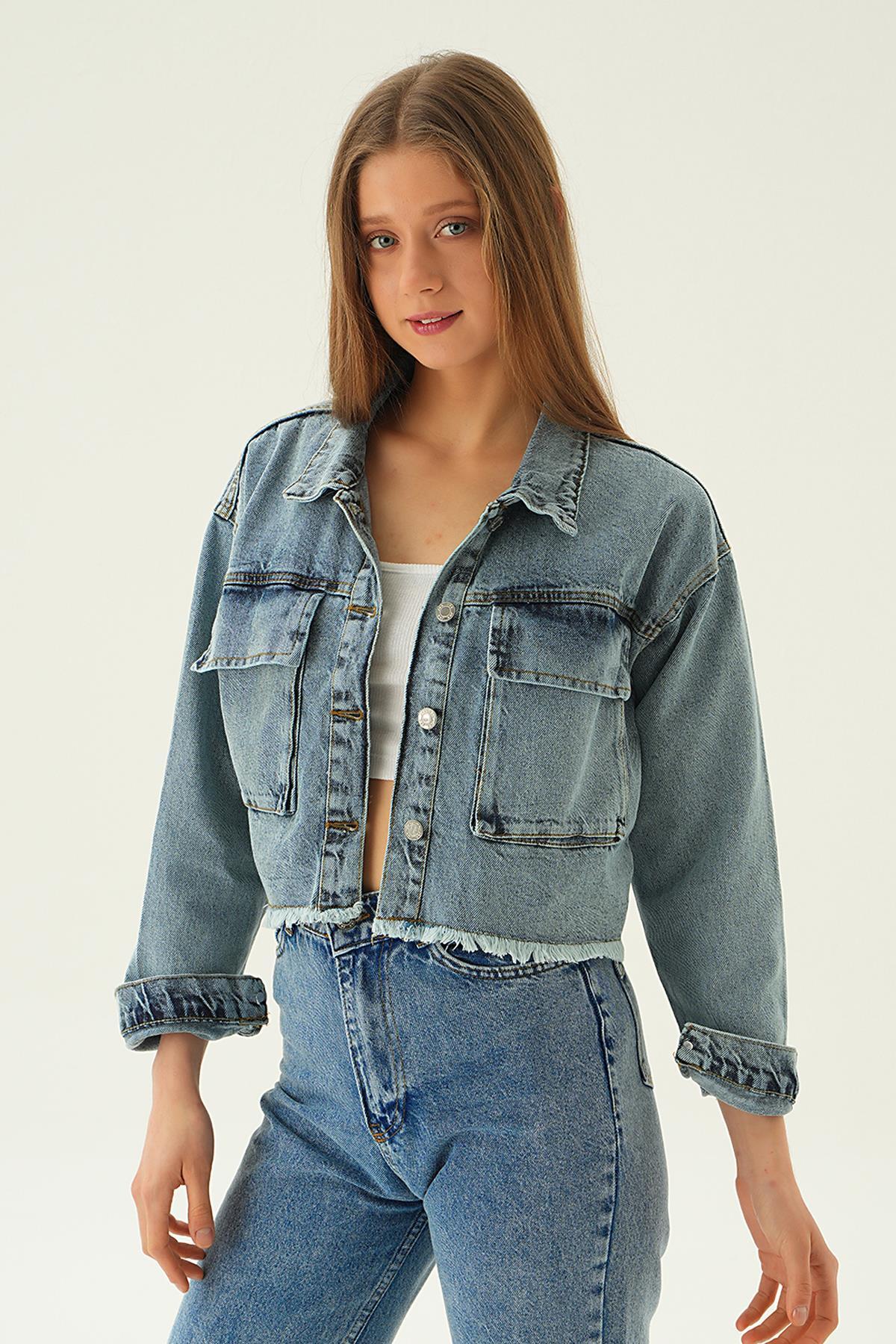 6067 Çift Cep Kısa Kot Ceket Buz - 3