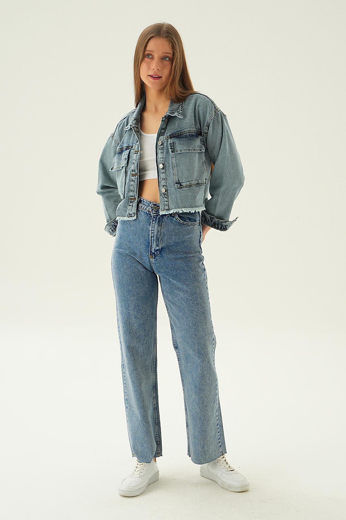 6067 Çift Cep Kısa Kot Ceket Buz - 1