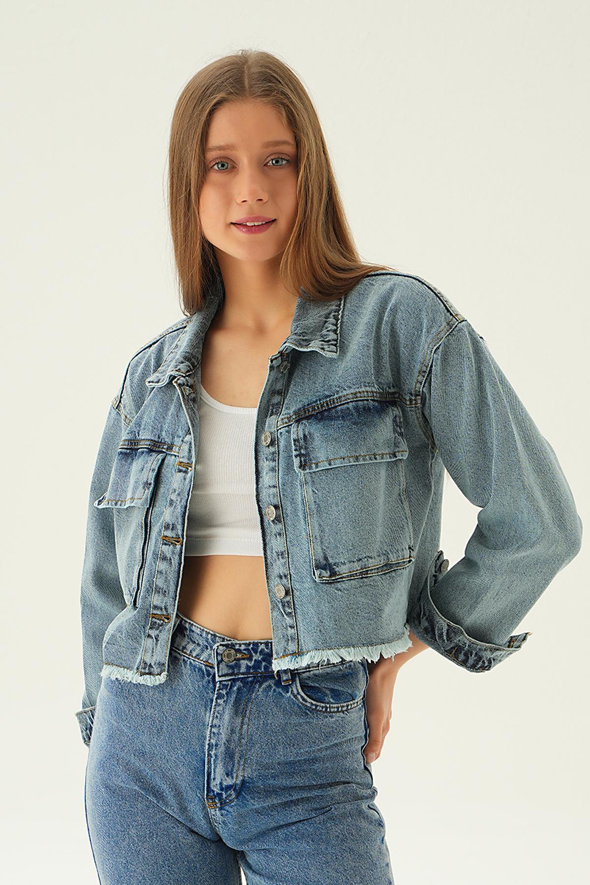 6067 Çift Cep Kısa Kot Ceket Buz - 2