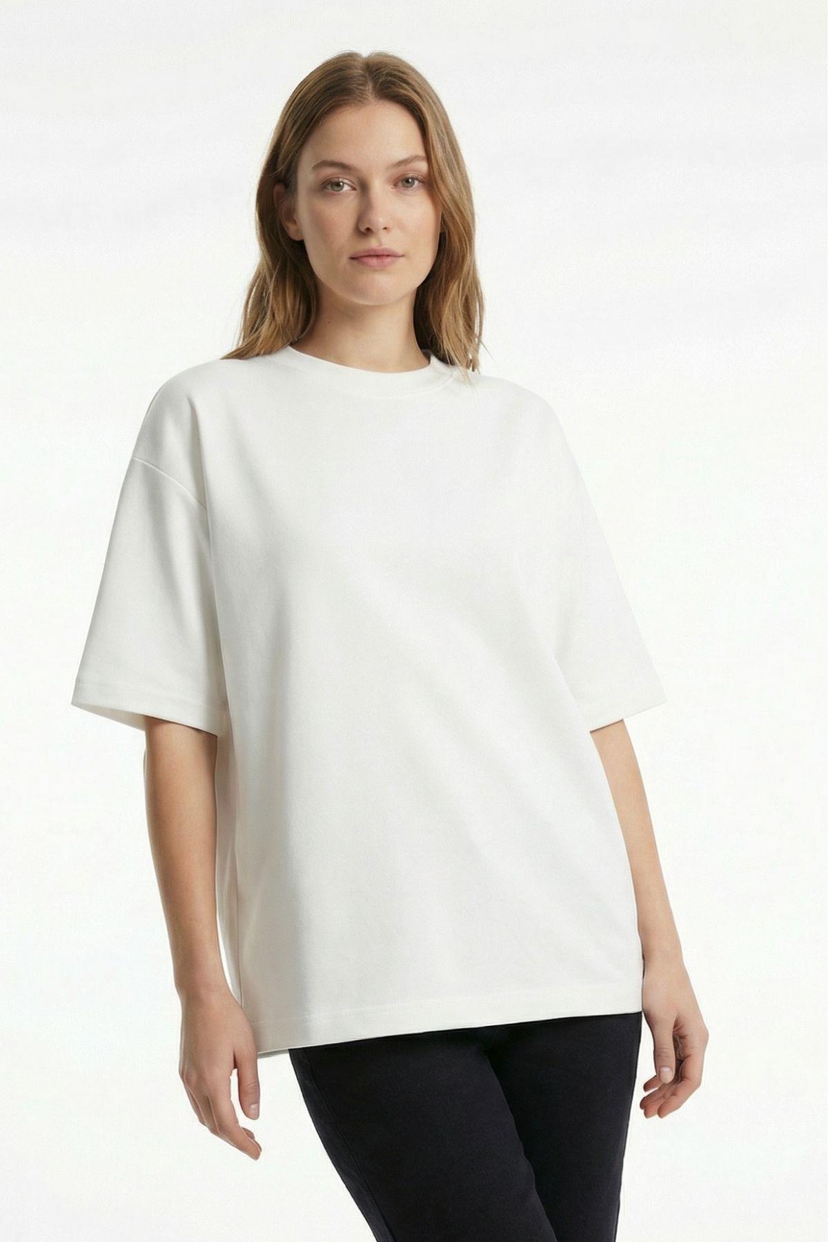 Ekru Bisiklet Yaka Kısa Kol Tişört 6109 - 2