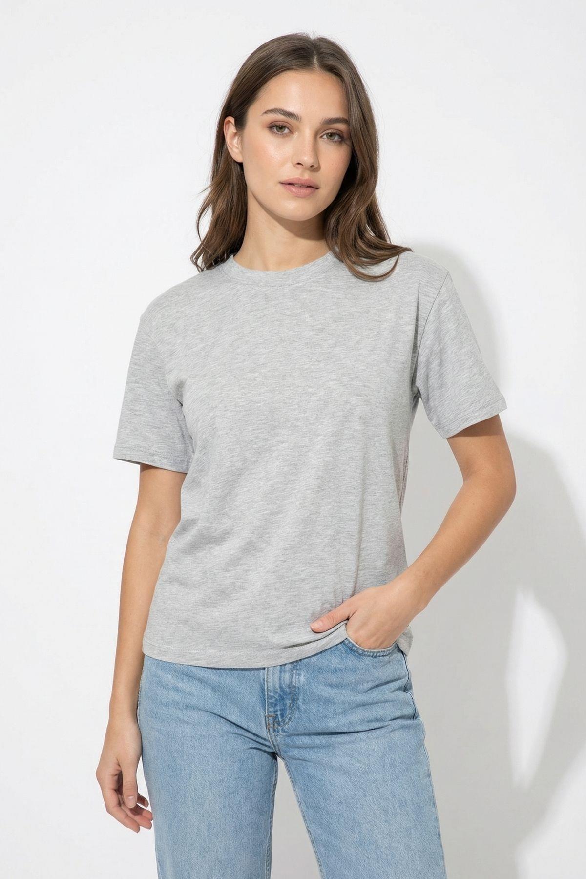 6109 Bisiklet Yaka Kısa Kol Tişört Gri - 2