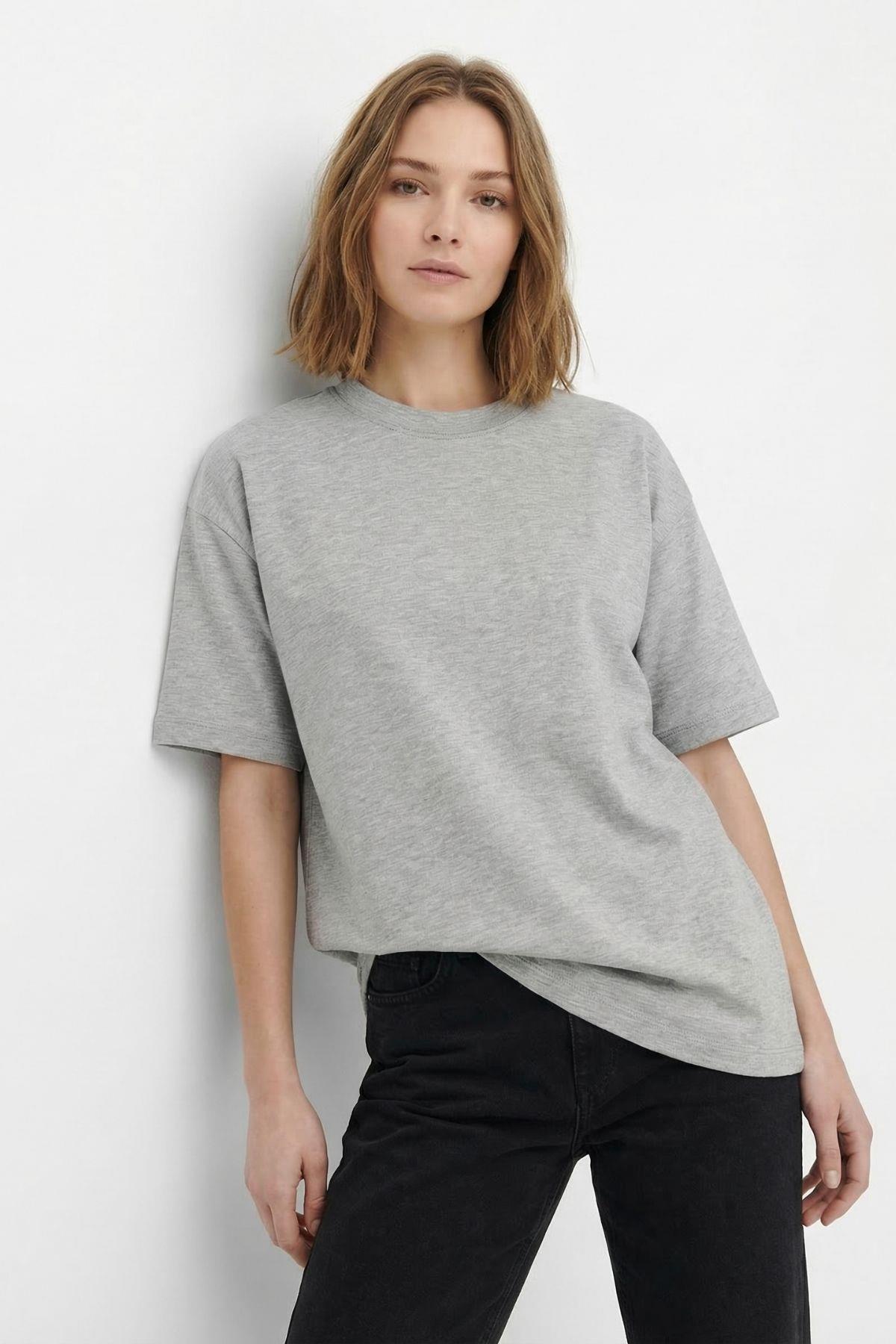 Gri Bisiklet Yaka Kısa Kol Tişört 6109 - 1